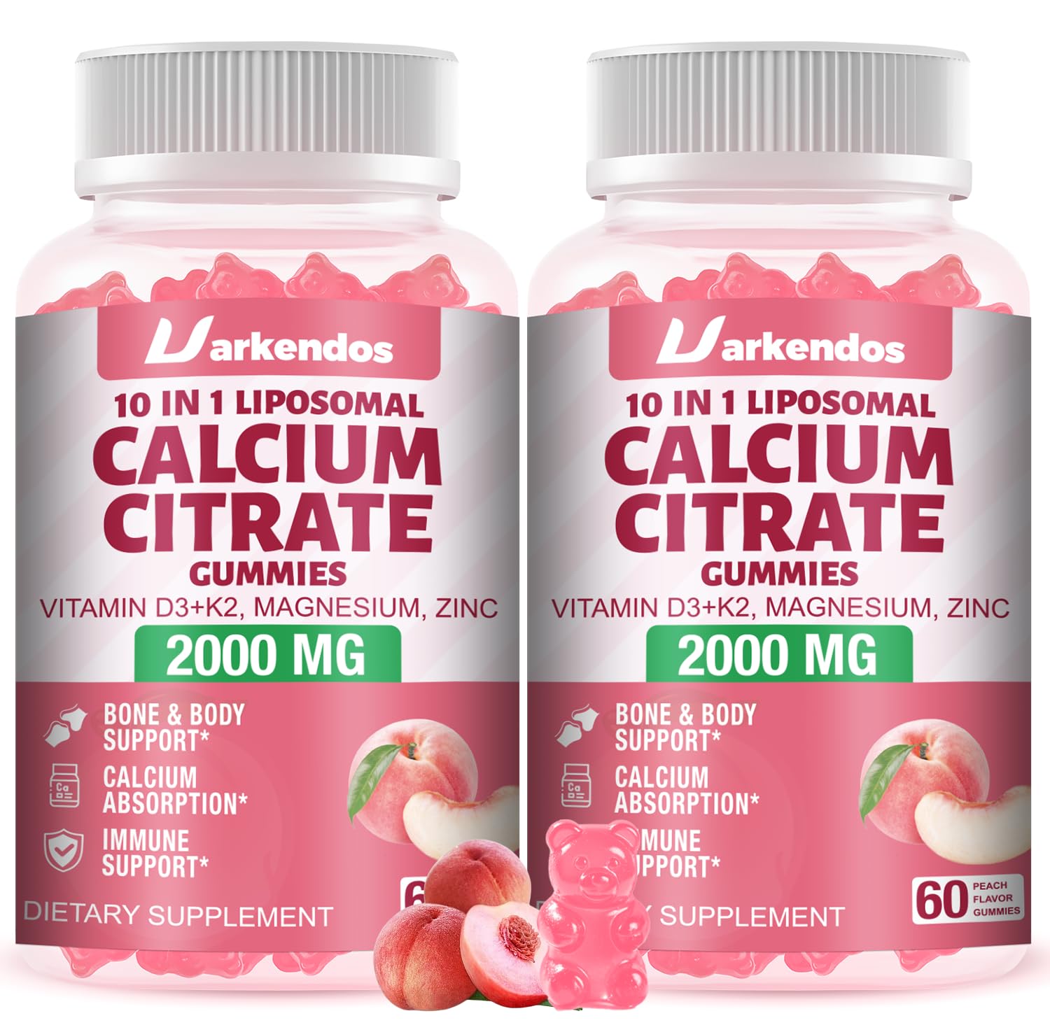 Liposome 2000MG Calcium Citrate with Vitamin D3 K2, Magnesium, Zinc and VC, 10-in-1 Calcium Gummies for Women and Men, Bone, Muscle, Immune Support & High Absorption, Peach Flavor Gummies, 2 Pack