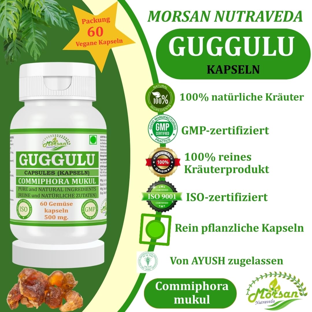 Guggulu (Commiphora mukul) Extrakt mit 10:1 Stärke, 500 mg x 60 vegane Kapseln | Ayurvedisches Kräuterergänzungsmittel für Männer und Frauen (2 Flaschen mit 60 Kapseln)