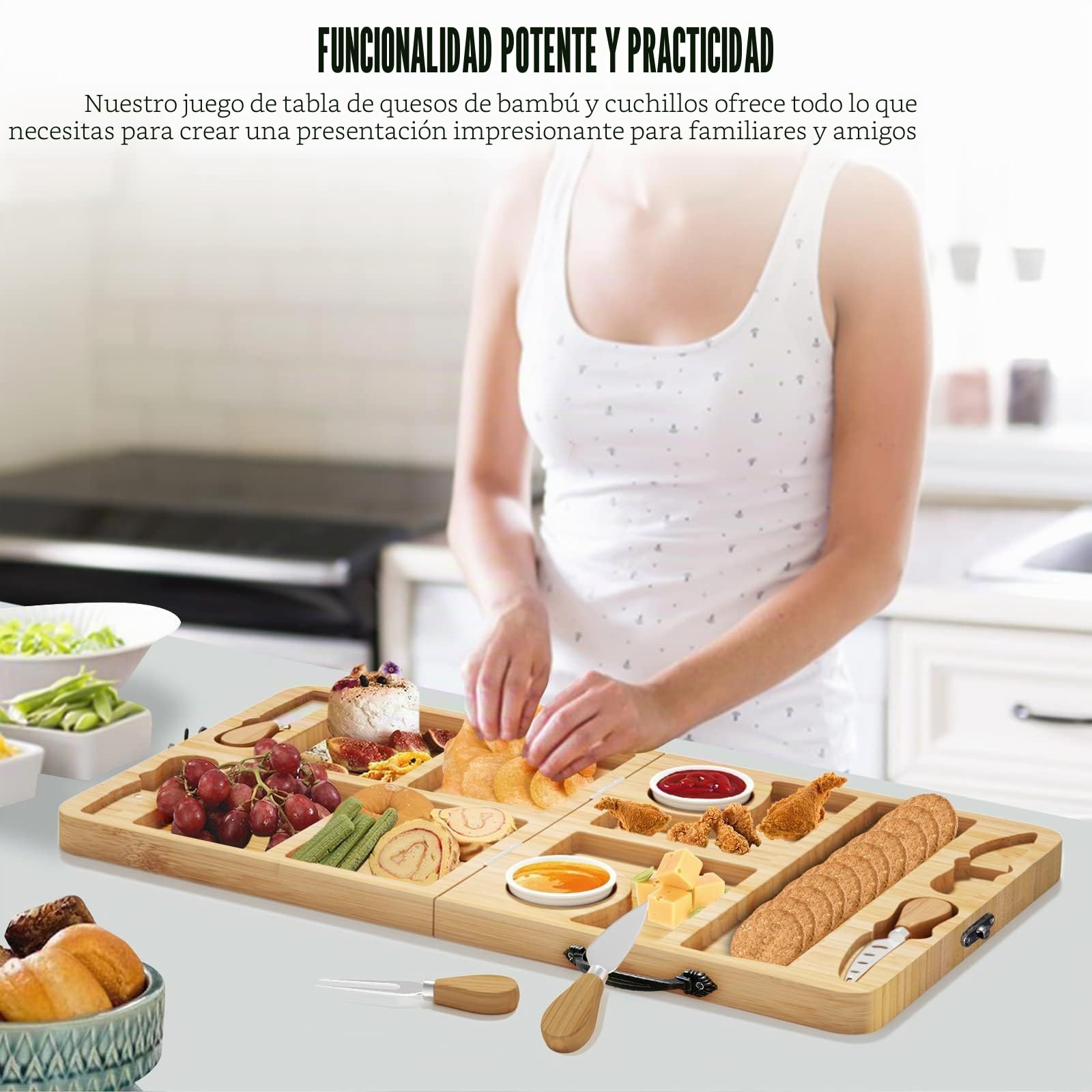 NatureNest Tabla de charcutería grande, bandeja portátil plegable para servir queso, juego de cuchillos multiusos, adecuado para exteriores, aniversario de boda, Navidad, regalos de Acción de Gracias