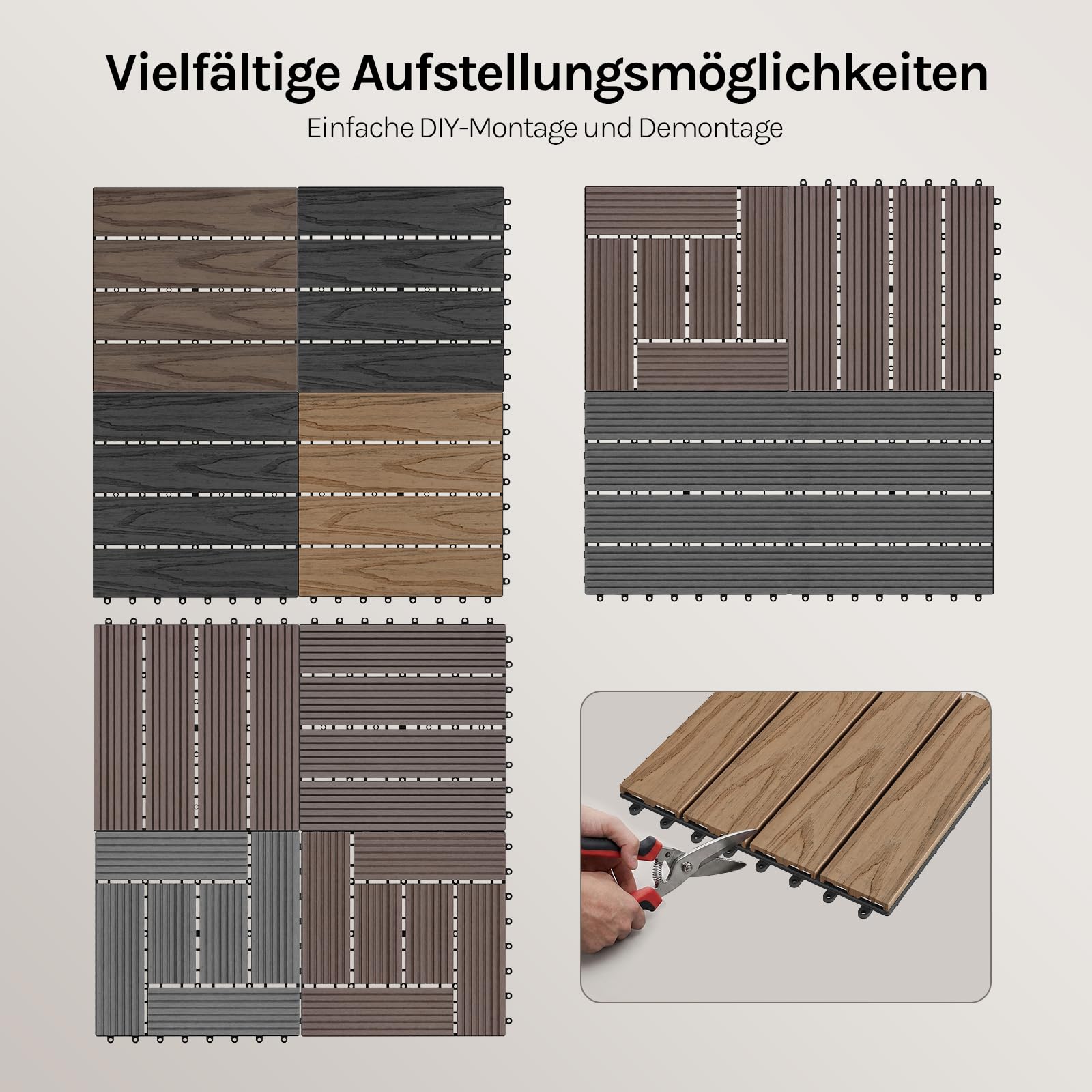 WOLTU 22 x Premium WPC Terrassenfliesen 30x30cm Holz Optik mit Relief, Balkonfliesen Garten Fliesen Bodenbelag Braun (2 m²)