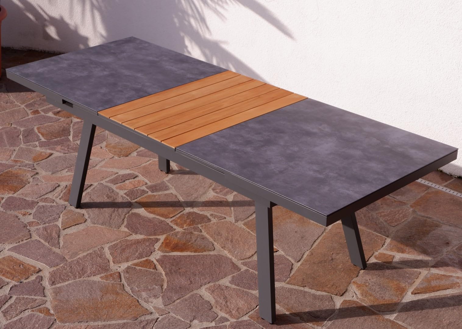 ALEOS. Aluminium Glas Teakholz Gartentisch Ausziehtisch 180 ausziehbar auf 240 cm x 90 cm Tisch Esstisch Glastisch Aluminiumtisch Trinidad mit synchroner Ausziehautomatik