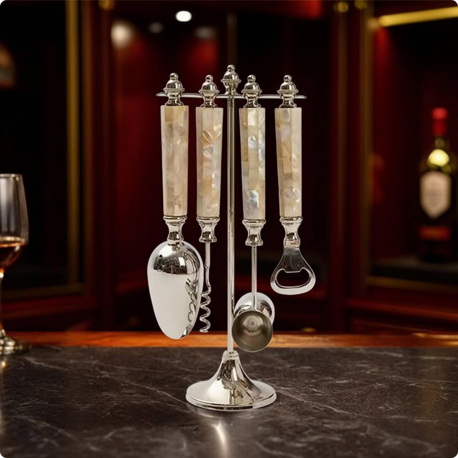 Qianly Juego Bar con Soporte Compacto Set Coctelería con Soporte Coctelera para Bnrs, 14 9 30cm, Juego De Bar De Rombos Marrones