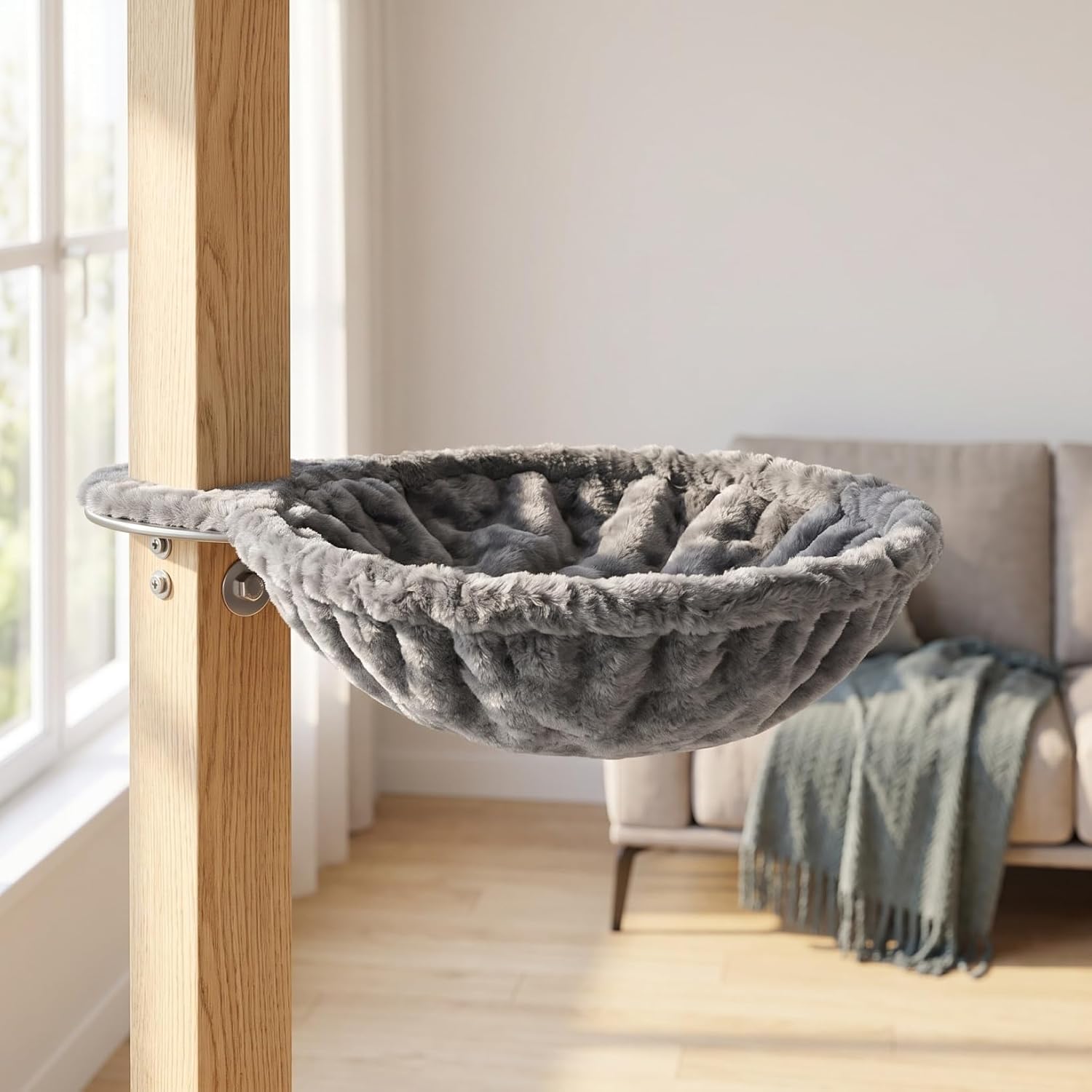 Kichvoe Cat Tree Hammock Attachment, Plush Round Deep Basket Cat Bed Replacement, Hanging Nest Shovel for DIY Climbing Tower Frame (Grey, 18.5")