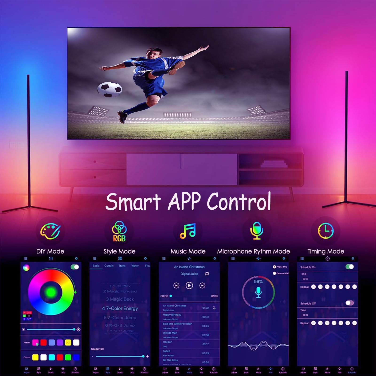 Lampada da Terra LED,155CM, RGB Piantana Dimmerabile con APP e Telecomando, Musica Sincronizzazione, Smart Lampade da Terra Salotto, Piantana LED per Soggiornoe Camera da Letto