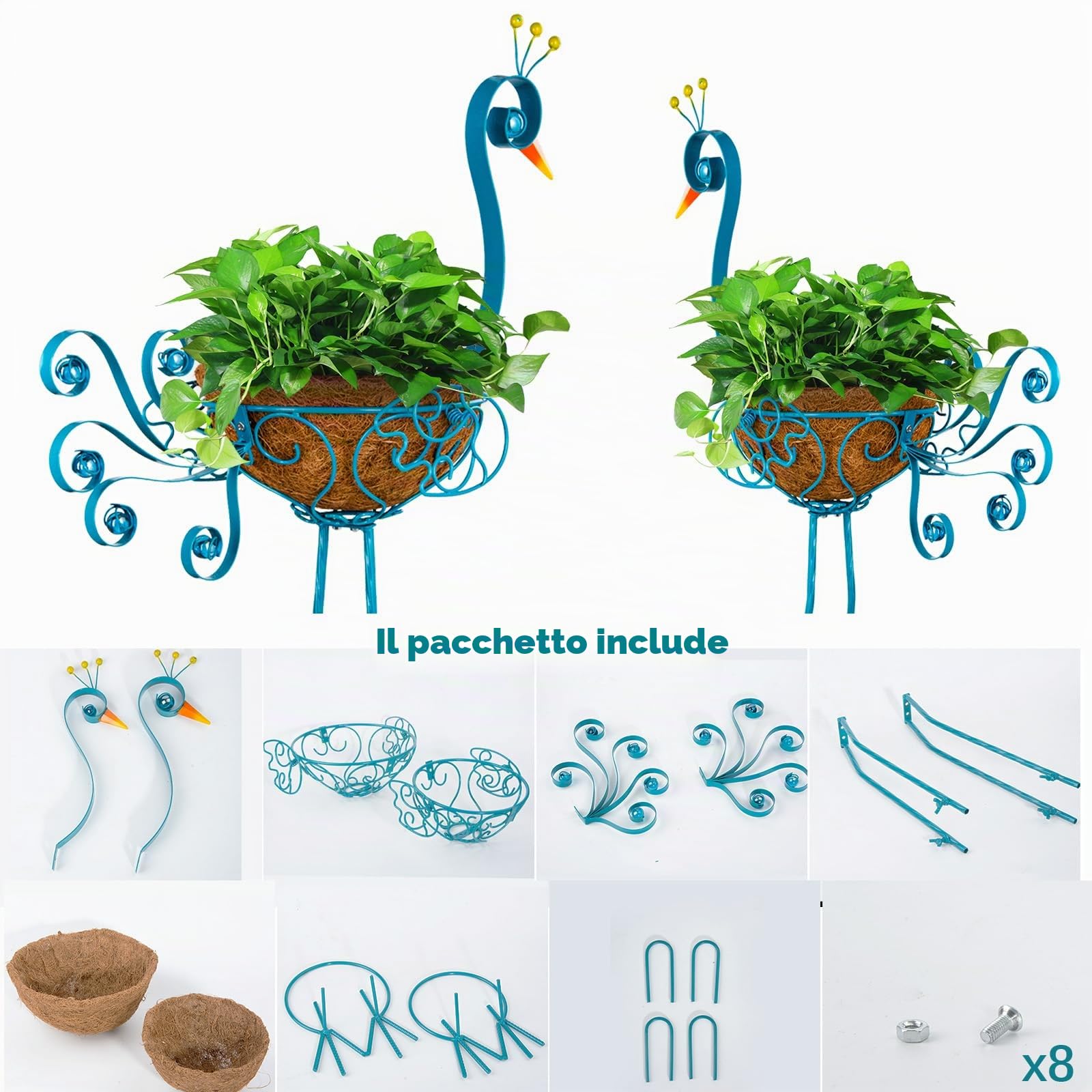 2 vasi da fiori Blue Peacock con cestino, vaso da giardino in metallo per interni ed esterni, decorazione per giardino, prato e patio