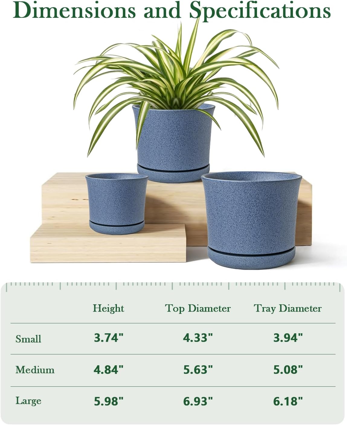Ceramic Plant Pots Set of 3 with Saucers, 4.3/5.5/7 Inch Planters for Indoor Plants, Drainage Hole Flower Pots for Succulents, Herbs, Aloe, Modern Home Decor, Blue