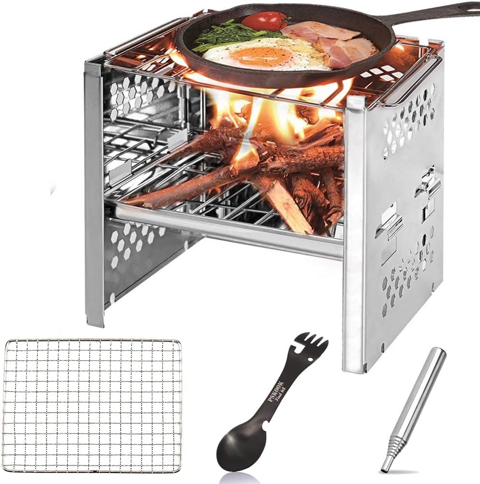 PSKOOK Camping Stove Portable Folding Lightweight Stainless Steel Stove Wood Burning Backpacking Stove Picnic BBQ Cooker with Pocket Bellow