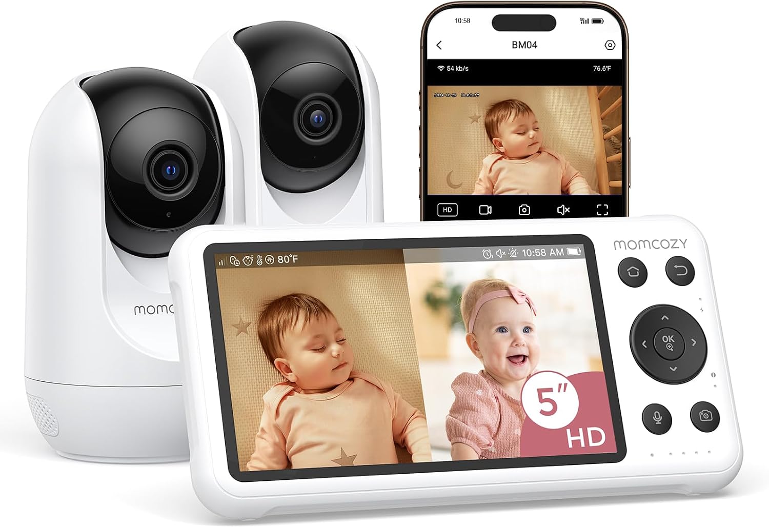 BM04 Smart WiFi Baby Monitor with 2 Cameras, 5" 1080P Split Screen | Baby Monitor with Camera and Audio, Motion Detection, Electric Fence, Clear Night Vision, 2-Way Audio, 5000mAh Battery, BM04