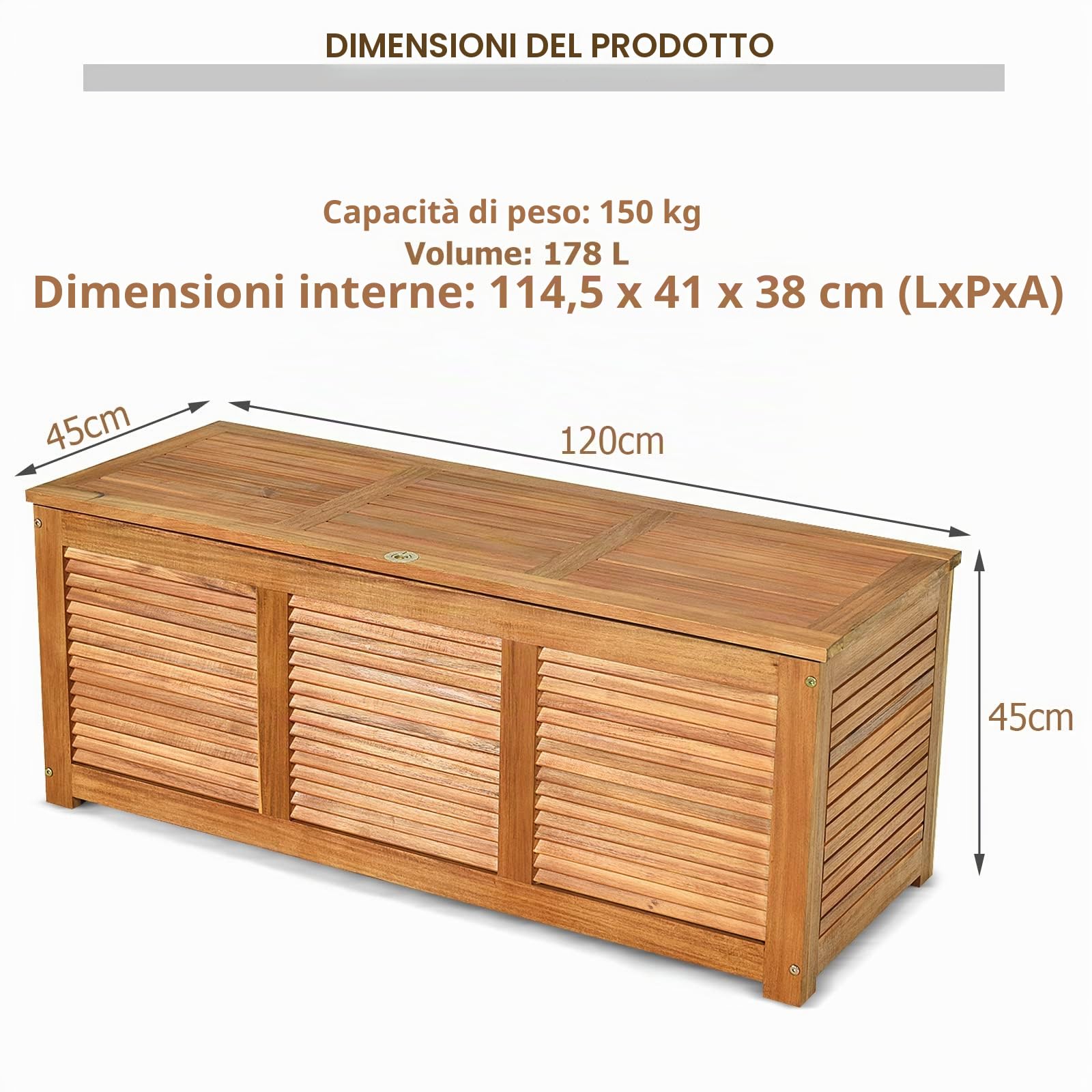 KOMFOTTEU Cassapanca da Giardino con Coperchio Antipolvere e Maniglia | Baula Contenitore in Legno di Acacia da Esterno e da Interno, 178L, 120 x 45 x 45 cm