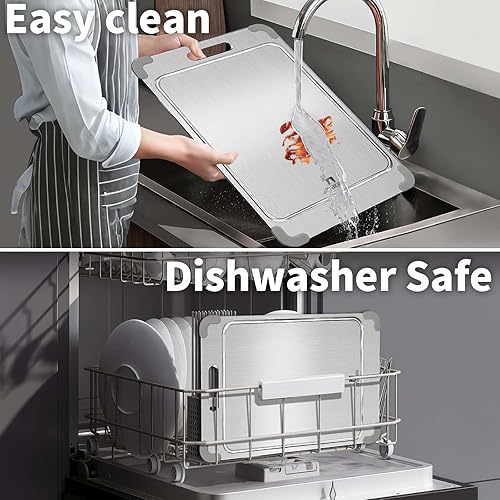 Miniatura 5 de ZYBIDEAL Tabla de cortar de titanio 100% puro con ranuras, tabla de cortar de titanio de doble cara actualizada, tablas de cortar de acero