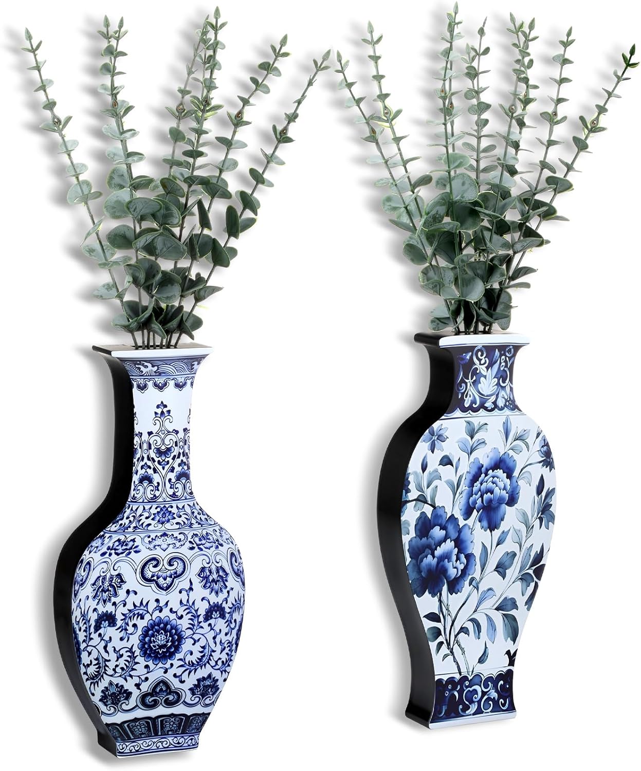 Blulu 2 Pack Wooden Wall Vase Set with Faux Eucalyptus Plants Blue and White Wooden Chinoiserie Wall Vase Modern Farmhouse Art Decor Hanging Planters for Home Office Tabletop