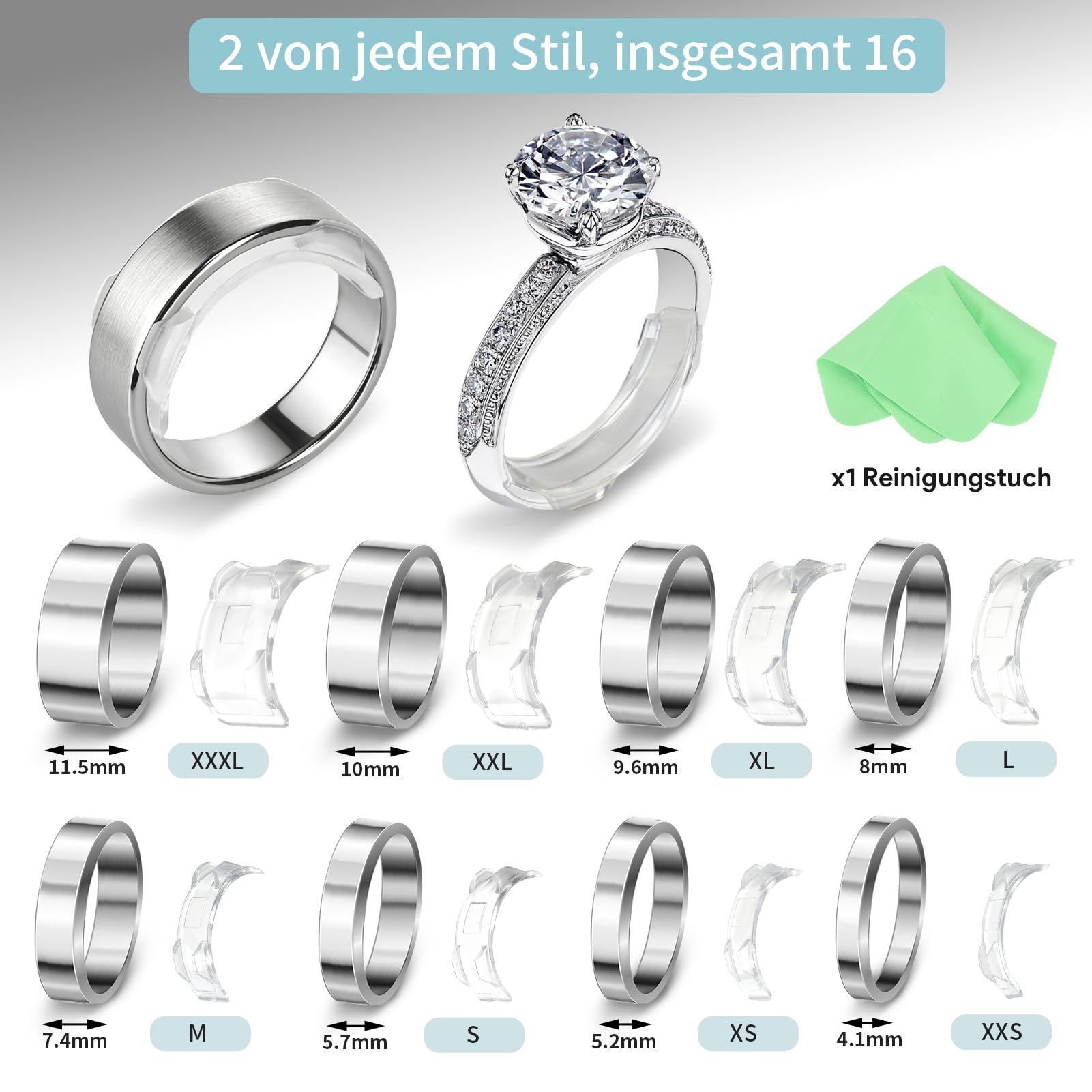 25 Stück Ringgrößenversteller für lose Ringe, 16 Stück Ringgrößenversteller umfassen 8 Verschiedene Größen und 8 spiralförmigen Ringanpasser umfassen 4 verschiedenen Durchmessern erhältlich