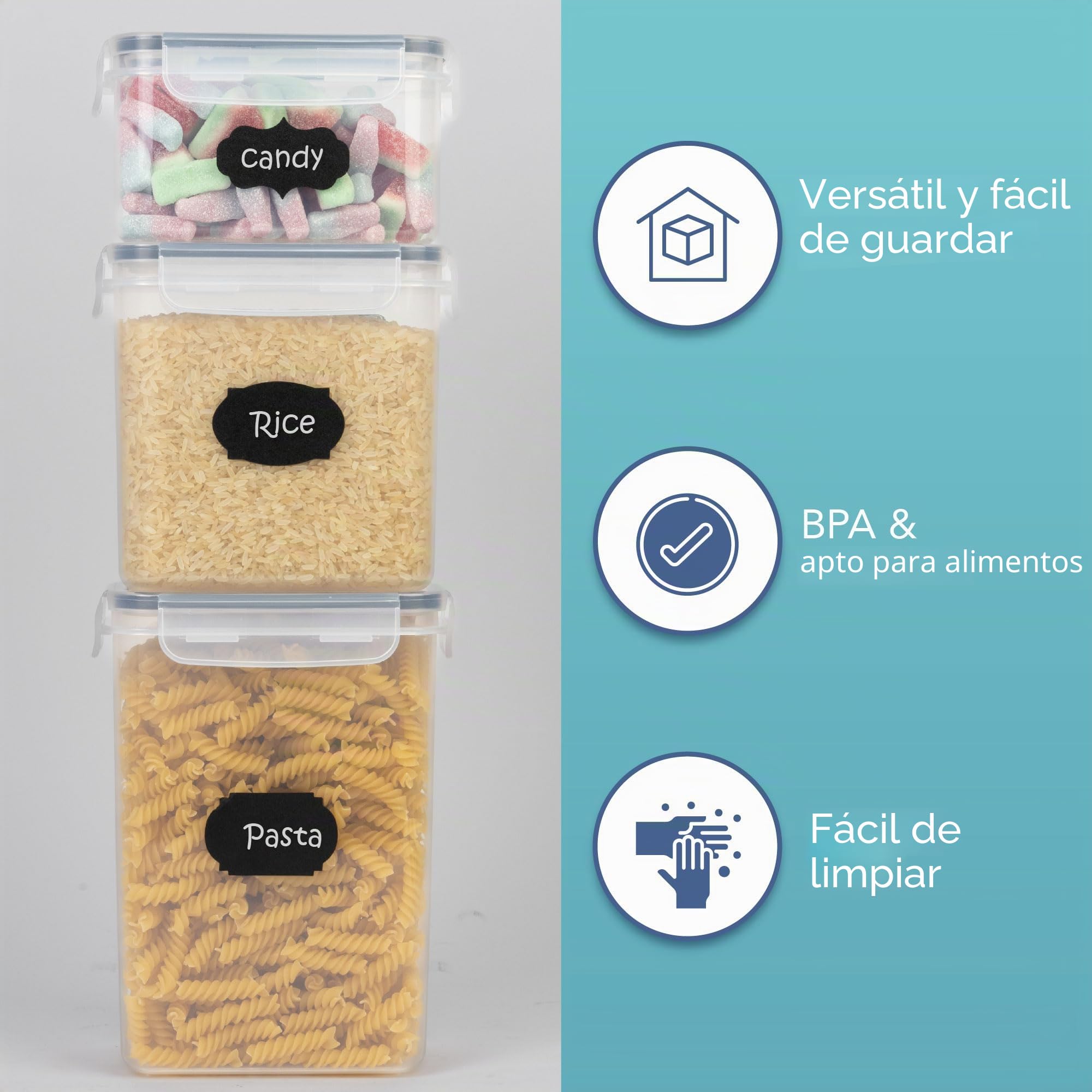 HEFTMAN Botes Cocina Almacenaje - Set de 16 Recipientes Herméticos para Alimentos, Almacenaje Cocina, Plástico Transparente BPA-Free, Incluye Etiquetas y Bolígrafo, Apilables, Lavavajillas