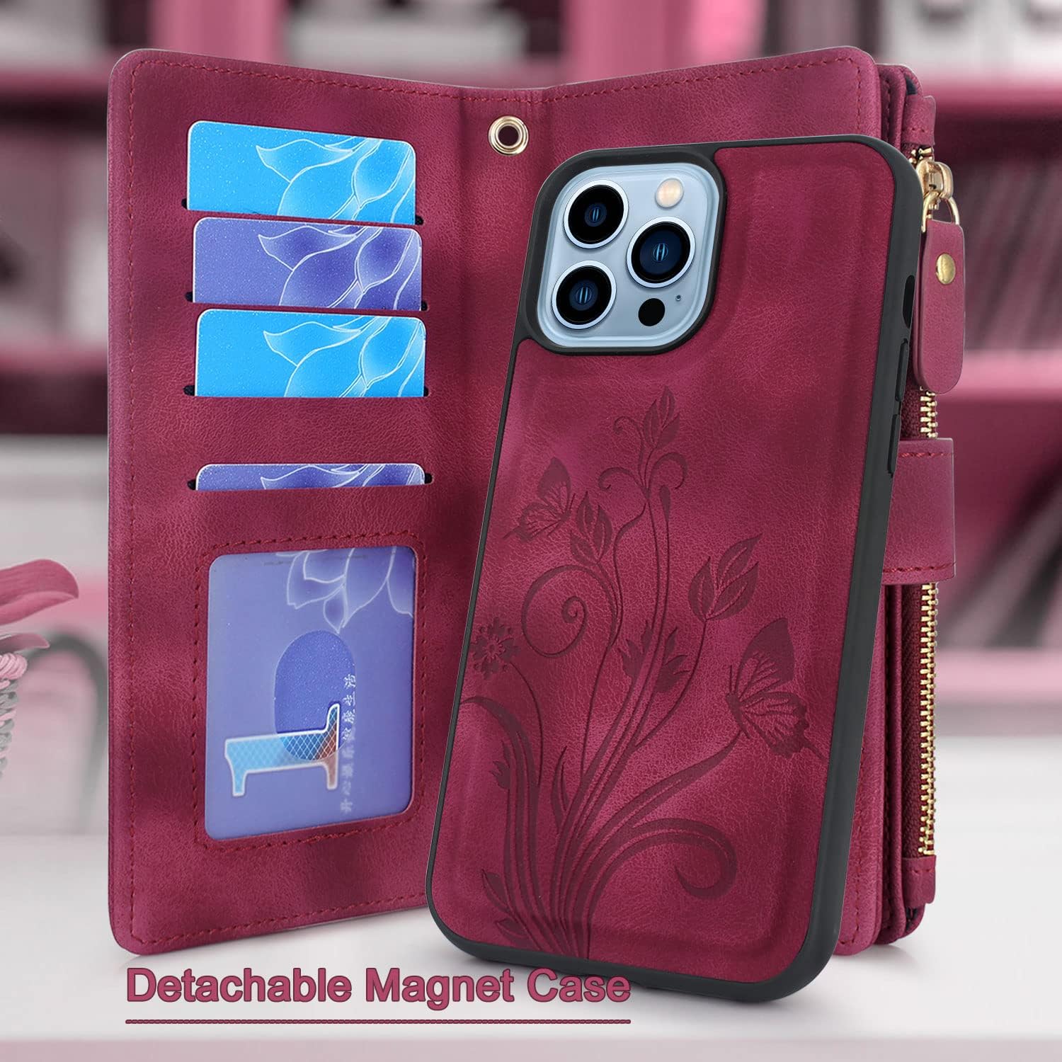 Lacass Compatible with iPhone 13 Pro Max 6.7 inch 2021 Case [Card Slots] ID Credit Cash Holder Zipper Pocket Detachable Magnet Leather Wallet Cover Wrist Strap Lanyard (Floral Wine Red)