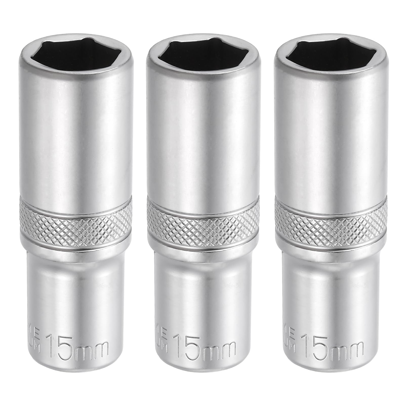 sourcing map 3pcs 6 Points Deep Socket 3/8" Drive 15mm Deep Metric CR-V Steel Polished Nickel Plating Impact Sockets 64mm / 2.5" Long Flip Sleeve Tool for Home Auto Nuts Bolts Repair
