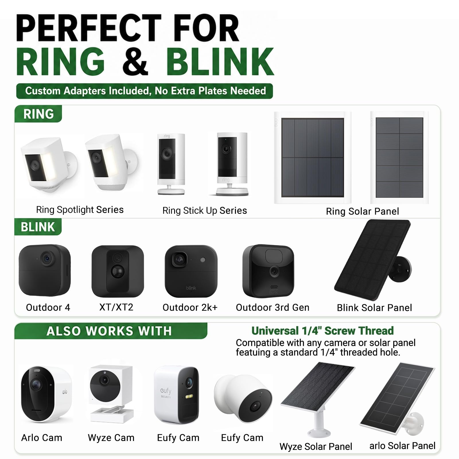 Support de piquet pour caméra Ring et panneau solaire, support de caméra de 119,4 cm avec adaptateurs pour Ring, Blink, Arlo, Eufy, Wyze – Supports de caméra extérieurs pour extérieur, support fileté