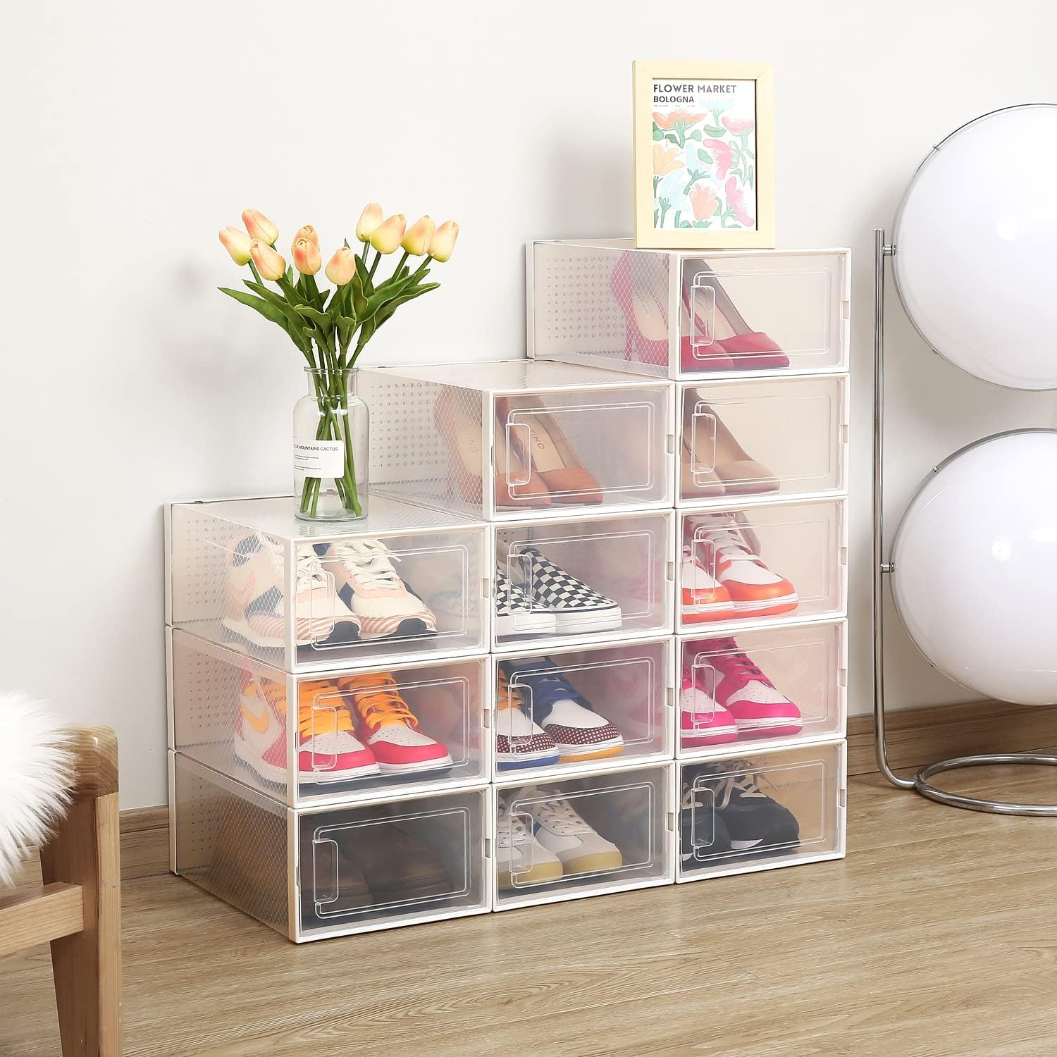 Shoe Organizer, Ohuhu 12 Pack Clear Shoe Storage Box Containers High Quanlity Stackable Foldable Sneaker Bins Display Holder Drawer Type Front Opening for Closets and Entryway Fit up to US Size 9.5