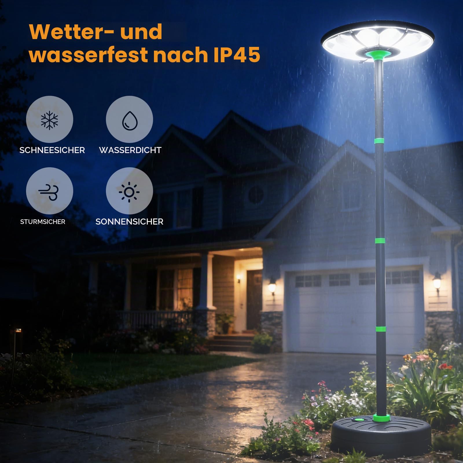 Solar Straßenlaterne für Außen 75W LED Solar Strahler für Garten | Bewegungsmelder und H240cm Lichtmast Wasserbefüllbarer Fuß Sicherheitleuchte Solarlampen für Parkplatz Hof Garage