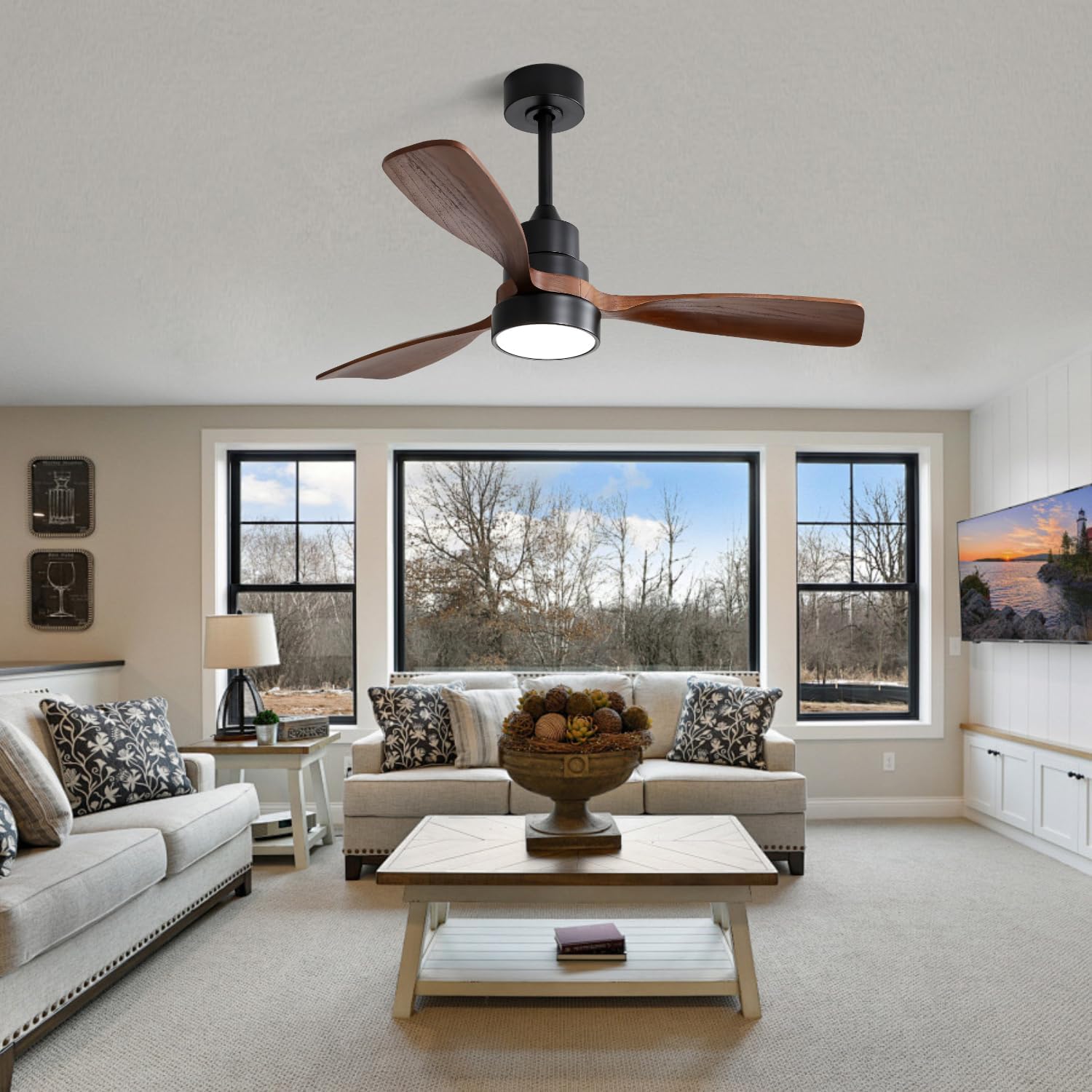 Wood Ceiling Fan 48 Inch with 3 Solid Wood Blades Remote Control Reversible DC Motor for Living Room