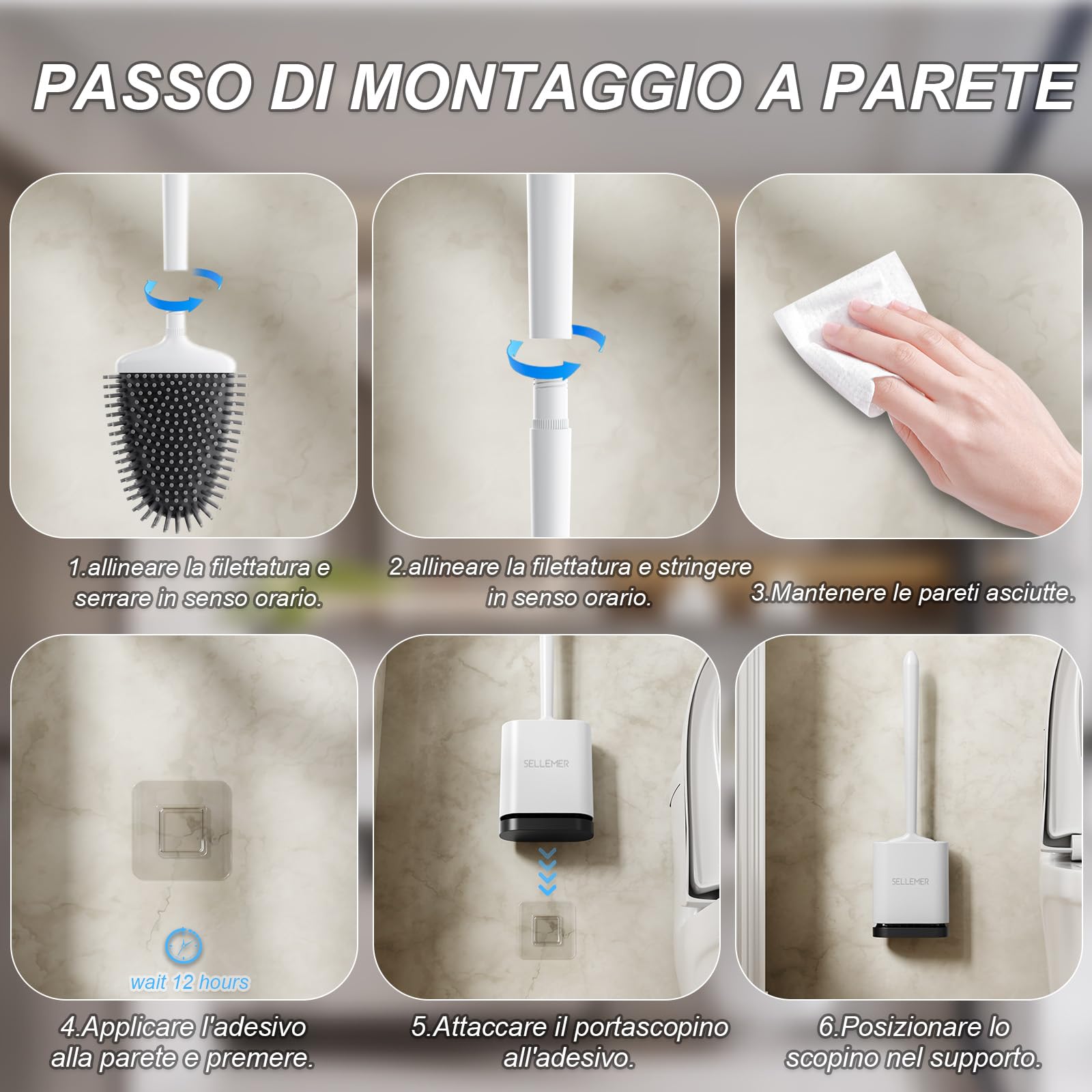 Sellemer Scopino WC Silicone, Scopettino Montaggio a Parete/in Piedi, Scopettino Bagno con Supporto Traspirante ad Asciugatura Rapida, Spazzola WC Flessibile per Bagno(Bianco)
