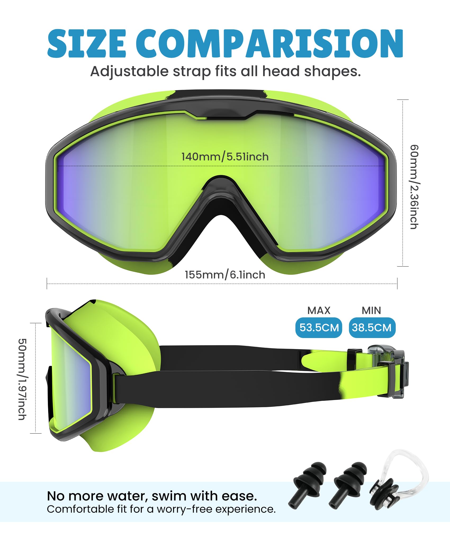 NSSIW Gafas de natación para niños: antivaho, sin fugas, con clip para la nariz, tapones para los oídos para niñas, niños y jóvenes, 6-14, paquete de 3