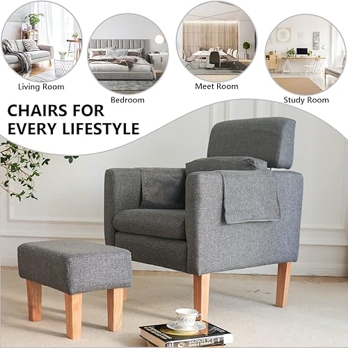 Miniatura 4 de TAKUKA Silla decorativa moderna con juego otomano, cómodo sillón de tela con reposapiés, silla tapizada con bolsillo lateral, silla de lectura suave