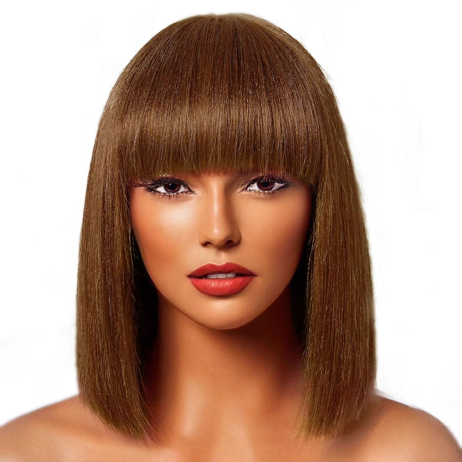 Mecry Yaki Straight Bob Wig with Bangs Human Hair #4 Brown Human Hair Wigs Glueless Wigs with Bangs for Women Full Machine Made Brazilian Virgin Human Hair 180% Density (14 inch)