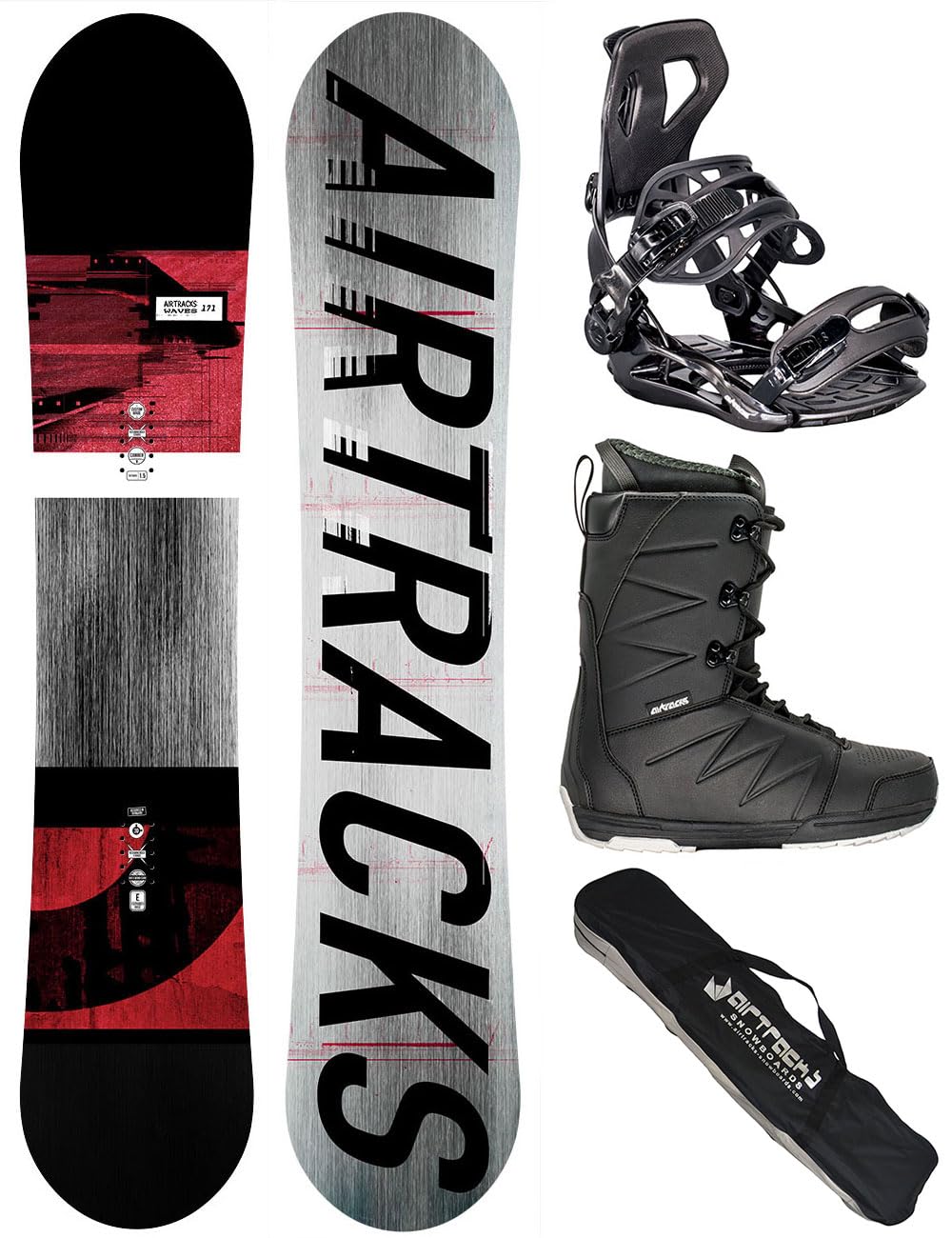 AIRTRACKS Snowboard Set Pack Planche Waves Extra Wide + Fixations Master + Chaussures + SB Sac 155 159 161 165 168 171 cm