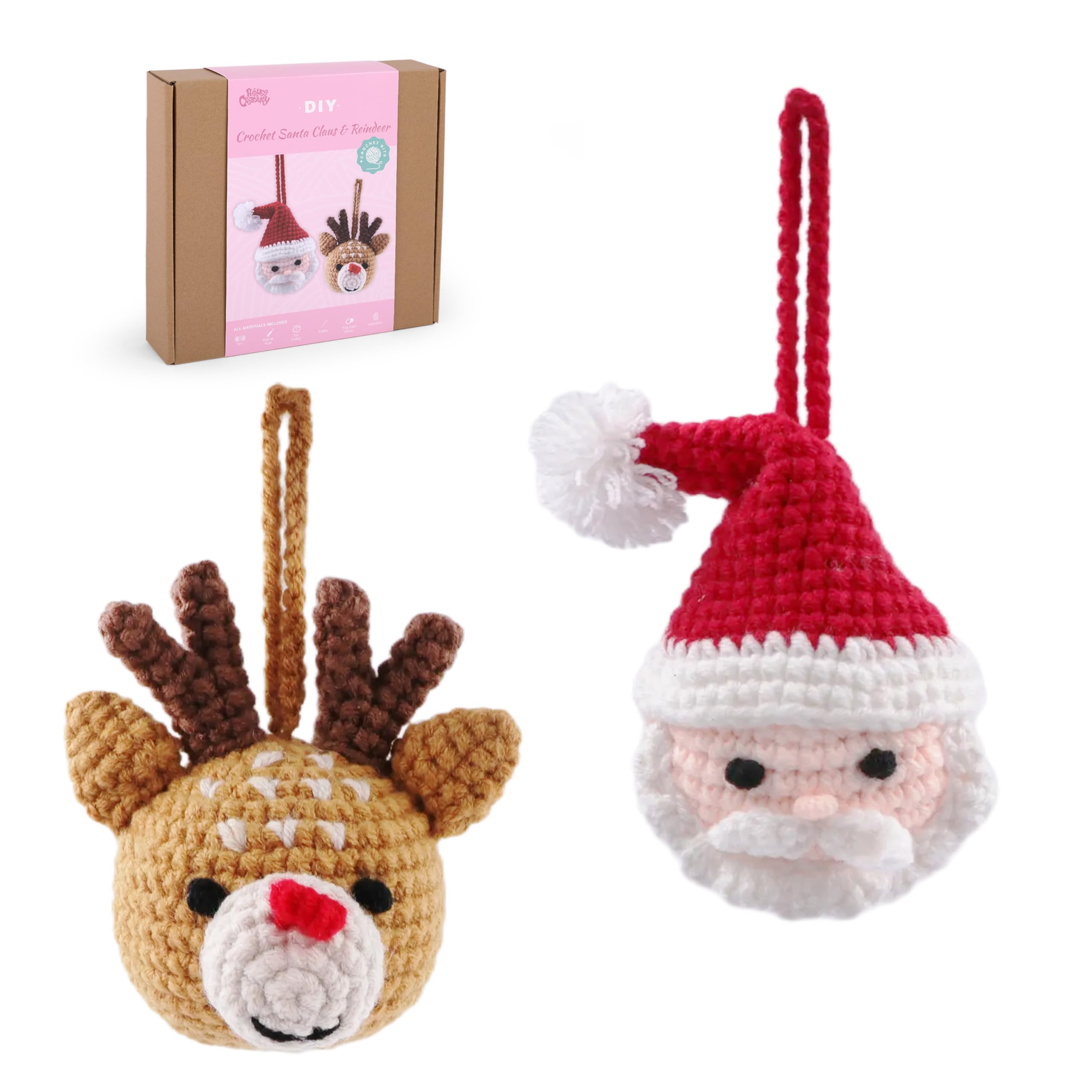 HOUSE CREATIVITY Christmas Crochet Kit for Beginners – Make Santa Claus &amp; Reindeer Ornaments, Amigurumi Crochet Starter Kit with Video Tutorial, Yarn &amp; Hook, DIY Holiday Tree Decor Gift