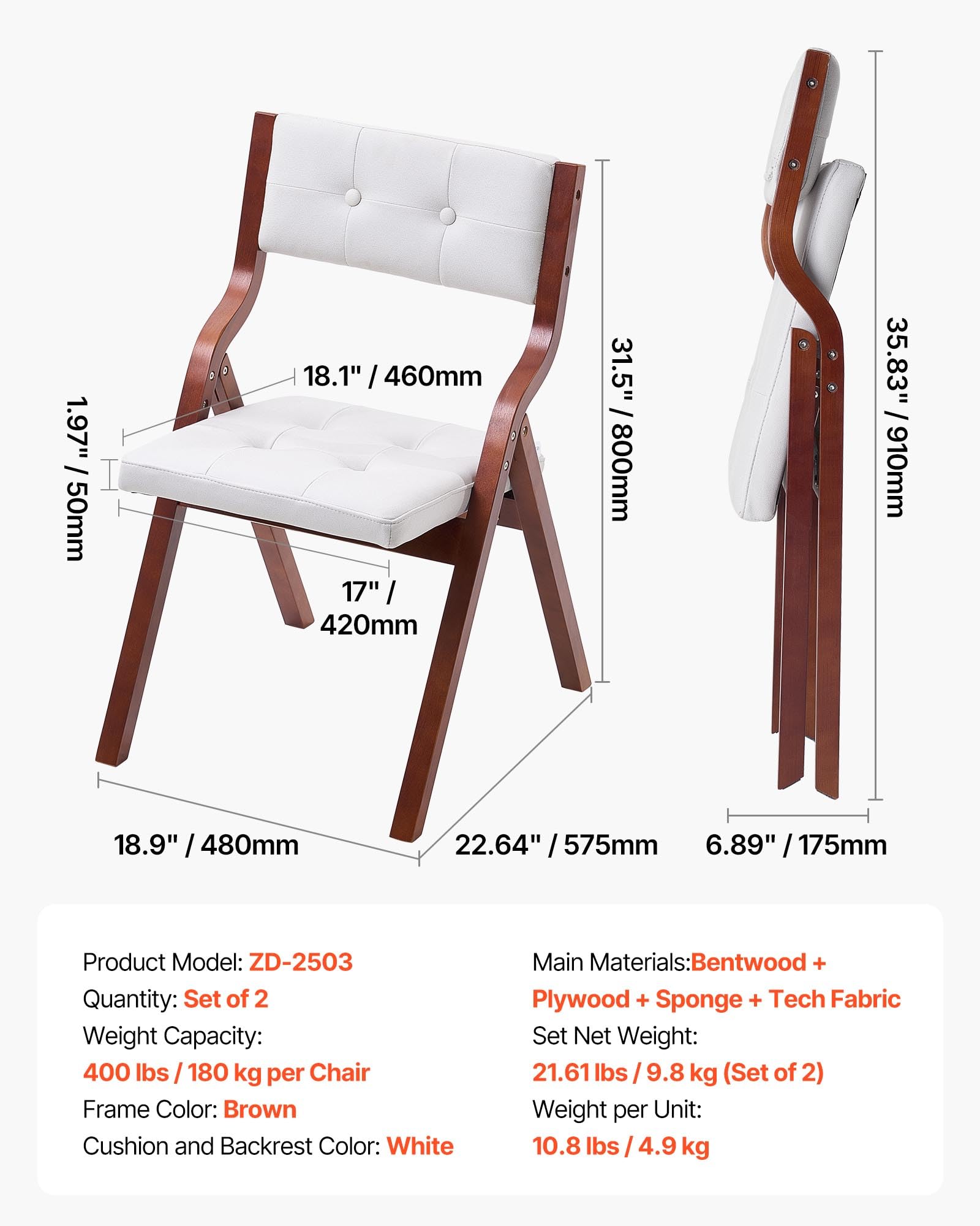 VEVOR Chaise Pliante en Bois avec Coussin, Lot de 2, Chaise de Salle à Manger Portable rembourrée Moderne avec Coussin d'assise Pliable, pour Cuisine, Bureau, Mariage, fête, Montage Facile, Blanc