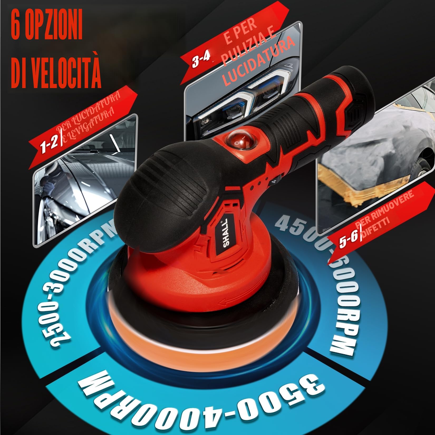 SHALL- Lucidatrice Auto Senza Fili, Lucidatrice a Batteria 6 Pollici， 2500-5000RPM 6 velocità Variabili con 2 Batterie, Kit per lucidatura auto 27 pezzi, per auto