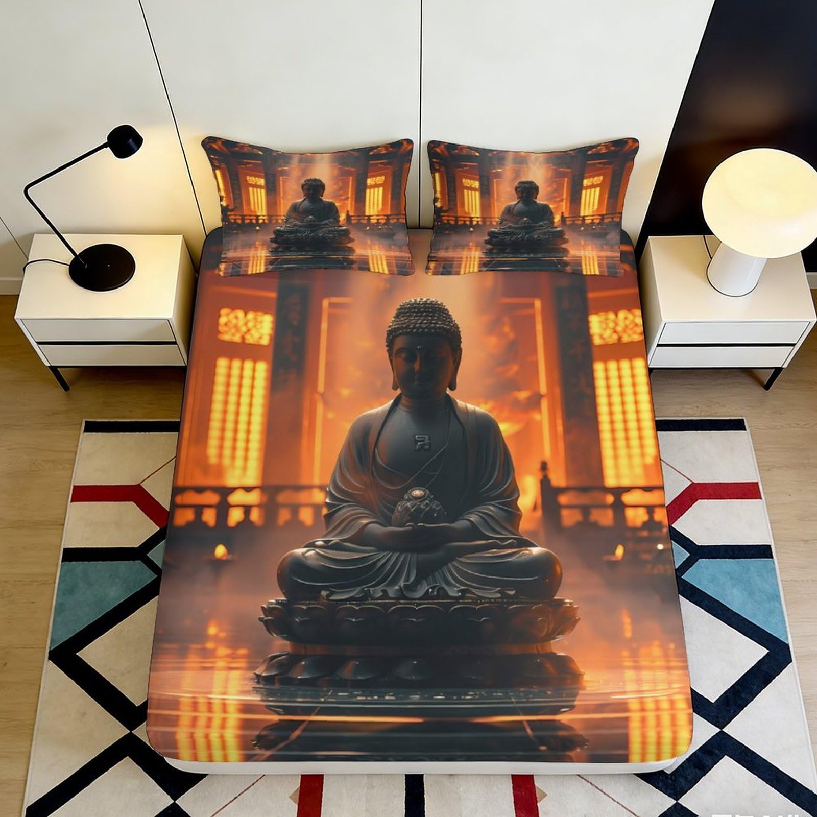 3D Printed Buddha Statue Fitted Sheet Microfiber Meditation Temple Bed Cover Slip-Resistant Machine Washable Decor for Bedroom Guest Room 90x200x25cm