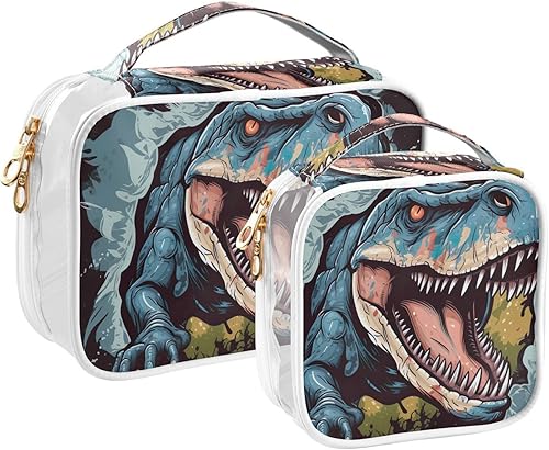 Miniatura 2 de Tyrannosaurus Rex - Neceser transparente de dinosaurio para viajar, paquete de 2 bolsas de cosméticos de maquillaje con cremallera, bolsa de viaje