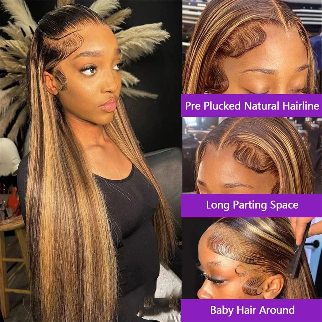 13X4 13X6 Transparent Lace Frontal Wig Straight Human Hair P4/27Highlight Colored Lace Front Wig Brazilian Virgin Hair Pre-Plucked