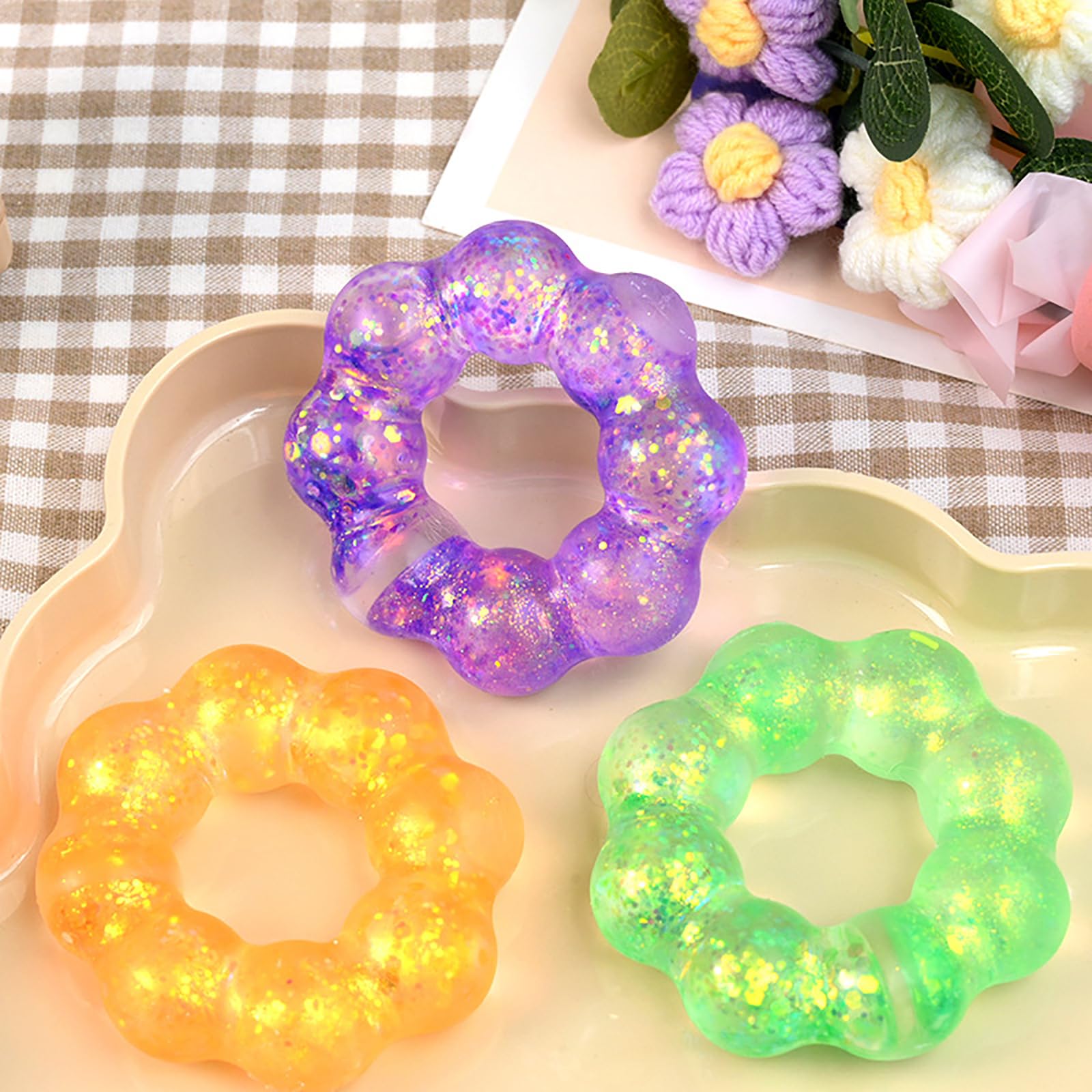 Squishy Bracelet, 3 Pieces Wearable Bracelet Stress Balls Fidget Toys, Soft Donut Stress Relief Sensory Toy, Stress Relieving Accessory for Adults, Fidget Friendly Band (3pcs B)