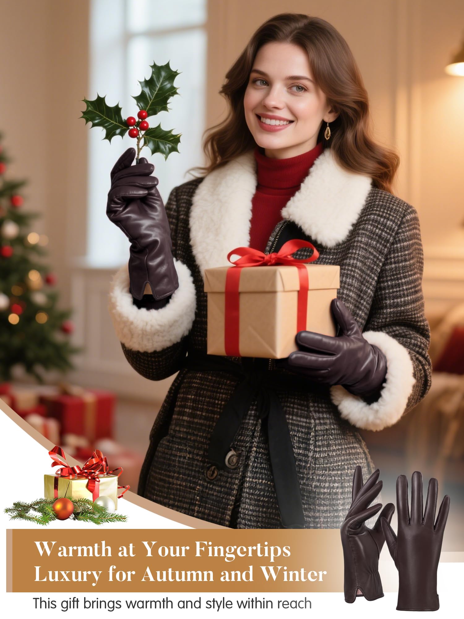 GSG SINCE 1998 Guantes Piel Mujer Marrón S | Piel de Oveja Sin Cromo, Compatibles con Pantalla Táctil, Forro Lana, Guantes de Invierno para Conducir