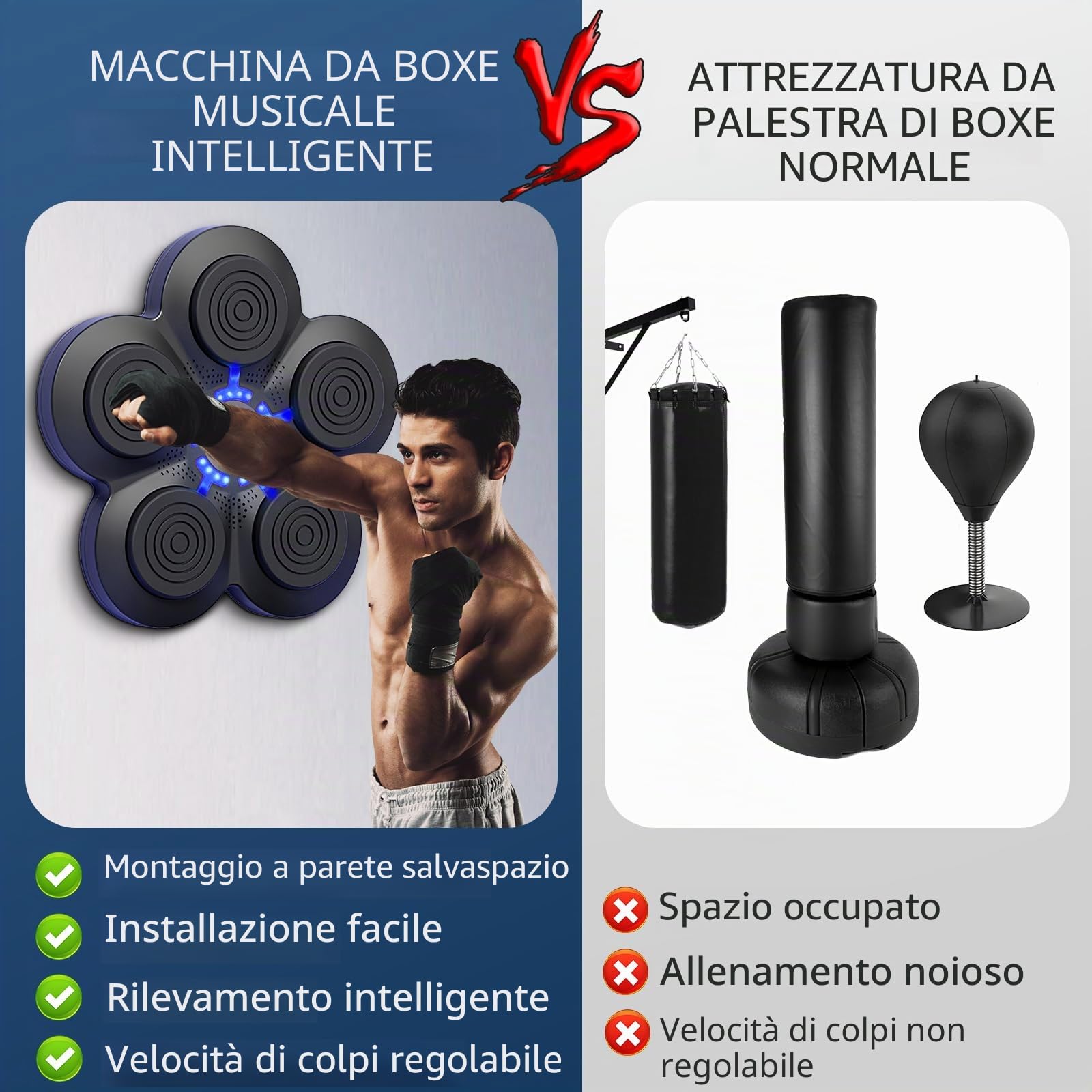 Macchina da Boxe Musicale, Dispositivo di Boxe Elettronica da Parete Domestico, Smart Bluetooth Pugile Elettronico, Regalo di Boxe per Bambini e Adulti (Nero+Luce Blu+Guanti Adulti)