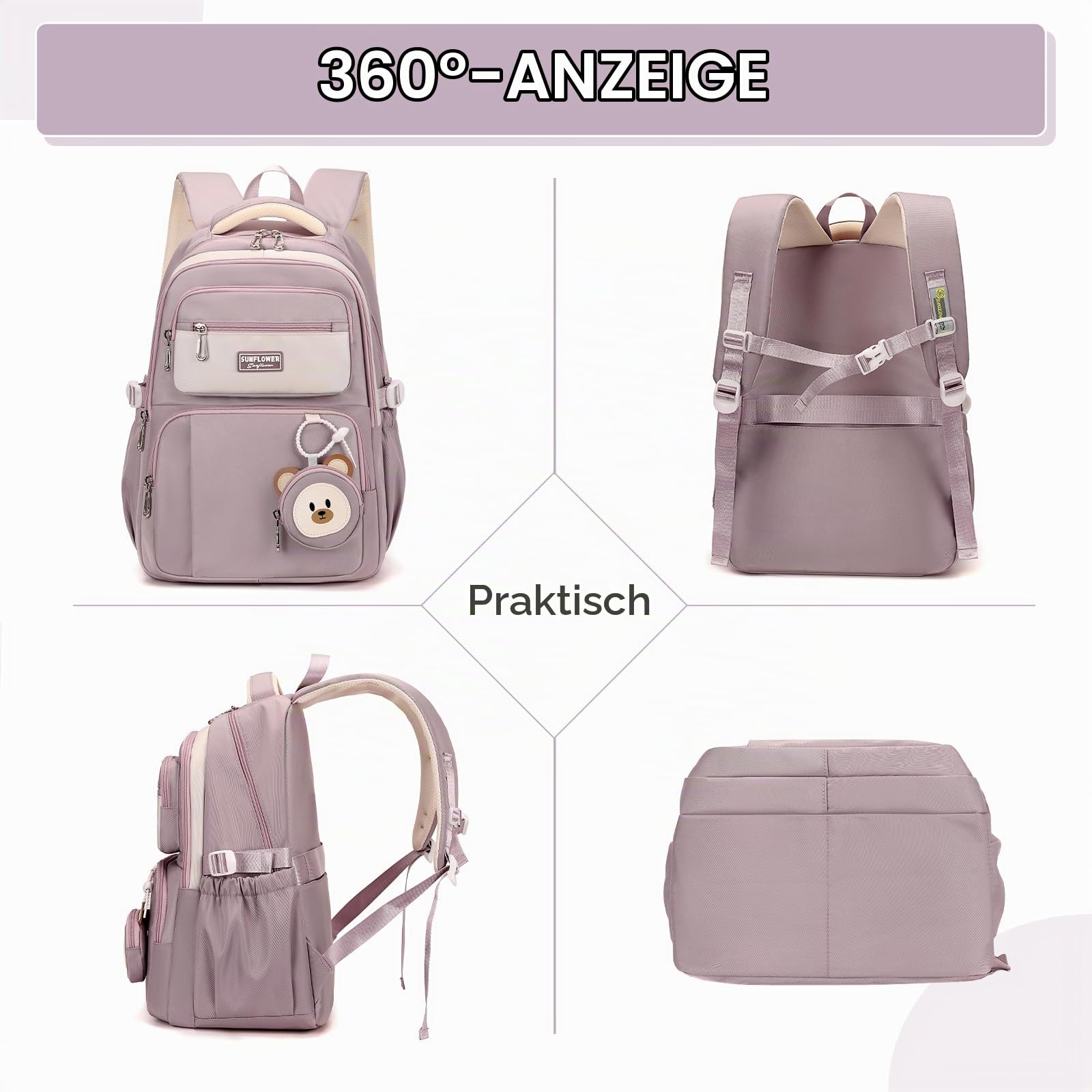 Amythe Schulrucksack Teenager Rucksack Mädchen, Schulranzen für 3.-5. Klasse, 40L Großer Kinderrucksack mit Niedlicher Münzgeldbeutel für 9-18 Jahre, Lässiger Daypack mit Trolleyband -Lila