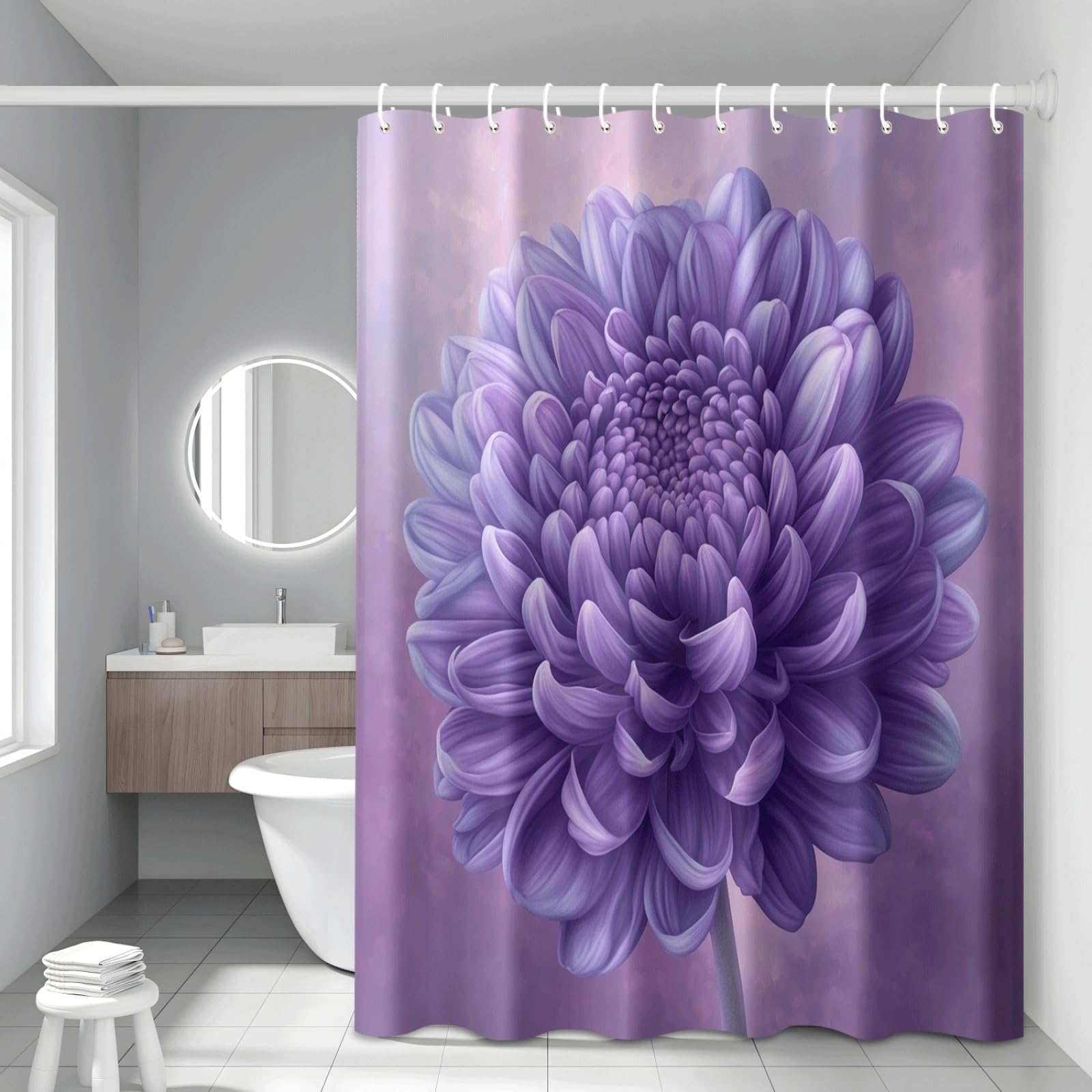 Shower Curtain Purple Plants Mould Resistant Shower Curtains for Bathroom Washable Polyester Bathroom Curtains Decor Wet Room Quick Dry Anti Mould Bath Curtain with 12 Hooks 180x220cm