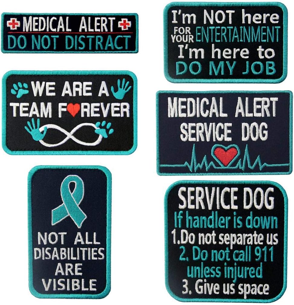 Service Dog Medical Not All Disabilities are Visible Alert Vest/Harnesses Morale Tactical Patch Embroidered Badge Fastener Hook & Loop Emblem, 6 Pcs, Blue