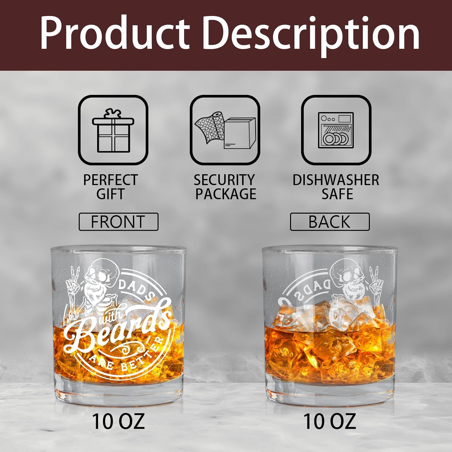 Dad Gifts Whiskey Glass, Dads With Beards Are Better Gifts for Present Father's Day Birthday Old Fashioned Rocks Glasses, Funny Skull Beer Best Dad Ever WhiskeyGifts for Him, 10 Oz - Image 7