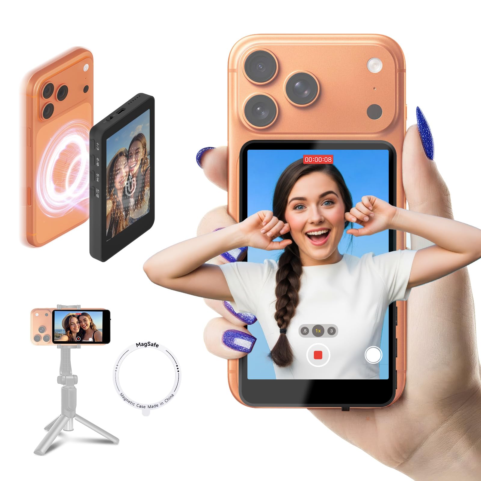SYNCO XView Monitor Magnético para Teléfono iPhone 17 y Android, Pantalla Selfie Vlog Inalámbrica 50 m con Altavoz Integrado, Ideal para TikTok y Youtube (Negro)