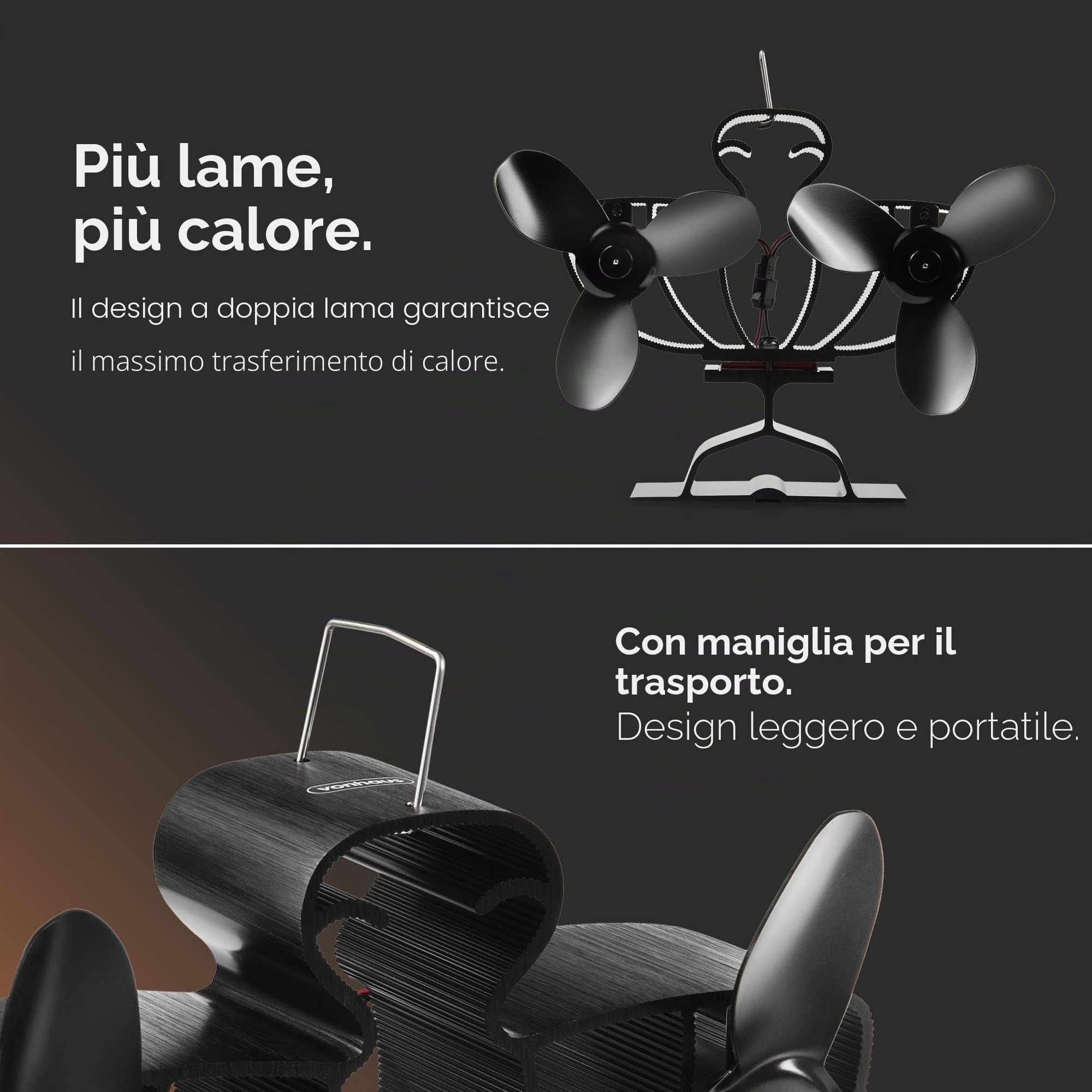 VonHaus Ventilatore per stufa – Ventilatore doppio per camino alimentato dal calore per stufe a legna/tronchi, caminetti e stufe – Funzionamento silenzioso, ventilatore per stufa ecologico senza