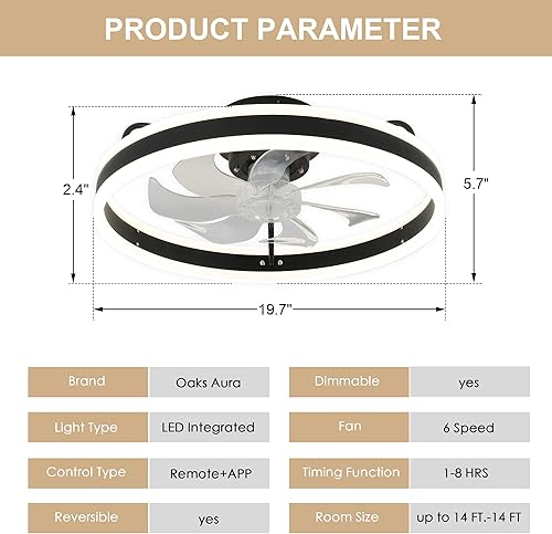 Miniatura 7 de Ventilador de techo LED de 20 pulgadas con luces, modernos ventiladores de techo regulables de perfil bajo con operación de aplicación, luz de techo