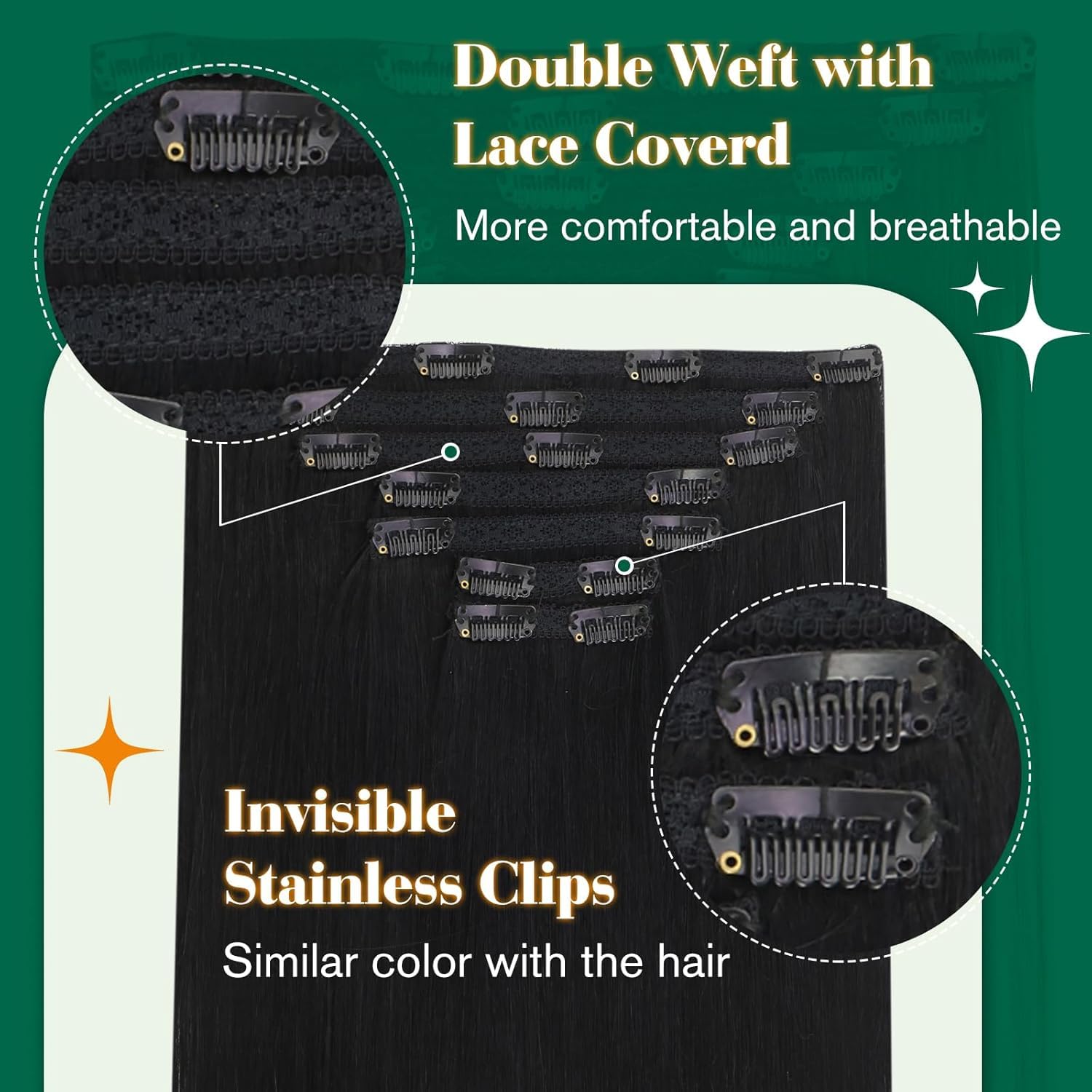 Easyouth Black Clip in Human Hair Extensions Jet Black Double Weft Clip-in Extensions Silky Straight Real Hair Extensions Clip ins for Party 20 Inch 120g 7Pcs #1 - Image 2
