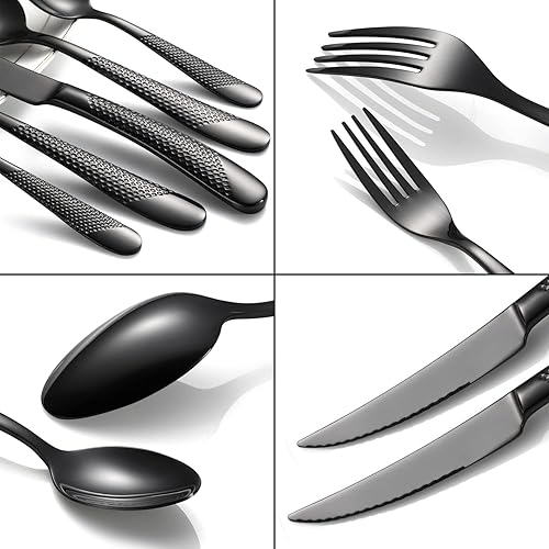 Miniatura 3 de Juego de cubiertos negros de acero inoxidable de 20 piezas para 4, incluye cuchara tenedor, cuchillo y cubiertos de cocina, juego de cubiertos para