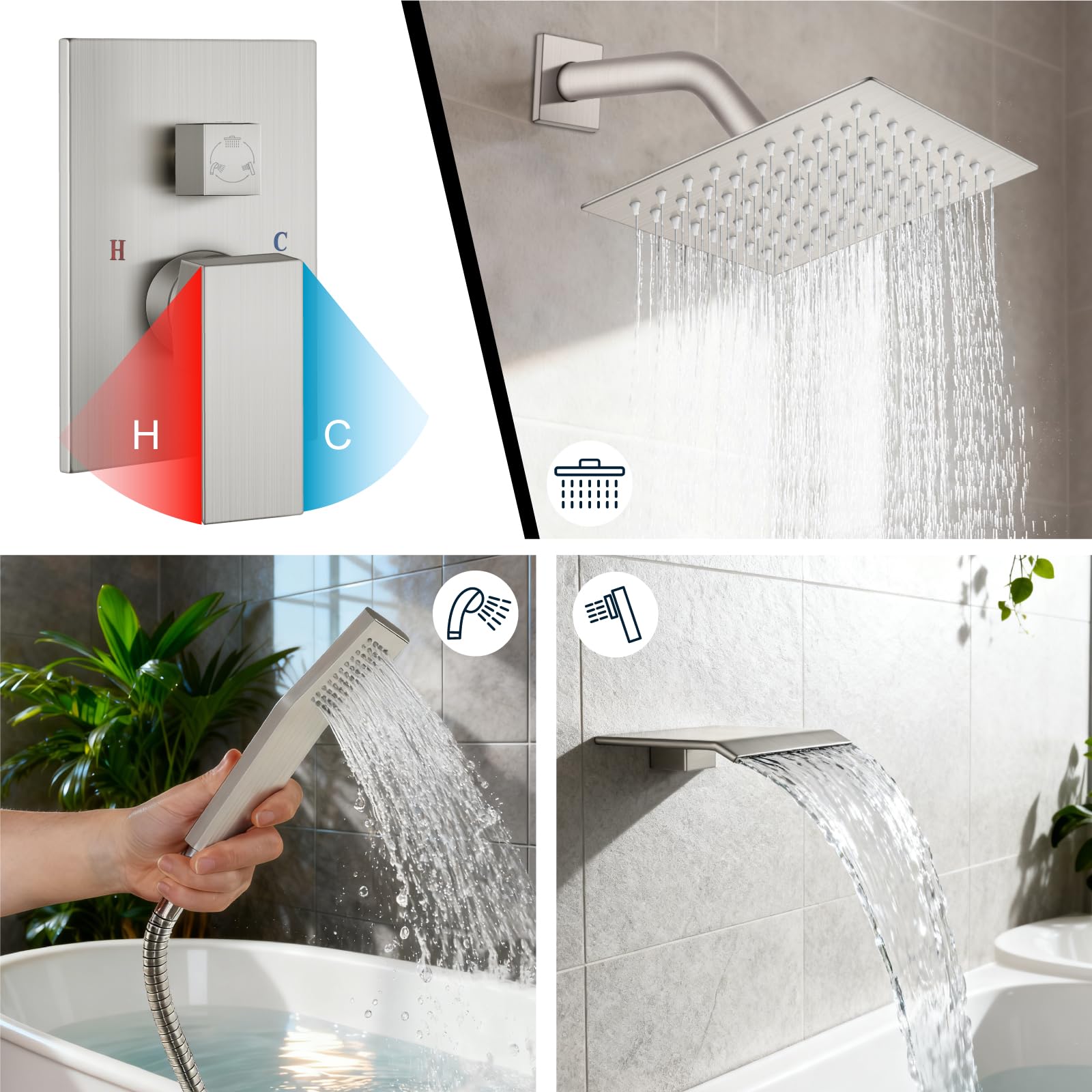 Sistema de ducha con caño para bañera, juego de grifería para bañera y ducha con cabezal de lluvia cuadrado y rociador de mano, juego de grifería para bañera de montaje en pared con válvula y kit d