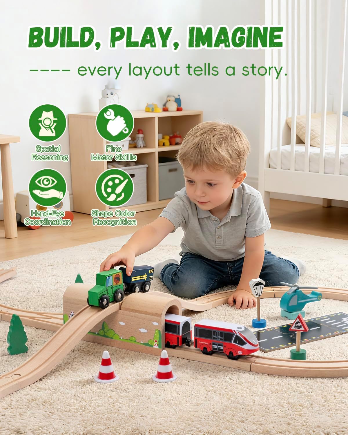 Wooden Train Track Bridge & Tunnel Set, Railway Expansion Kit with Ascending & Descending Ramp Tracks, Compatible with Major Wooden Train Systems, for Kids Creative Play and Learning