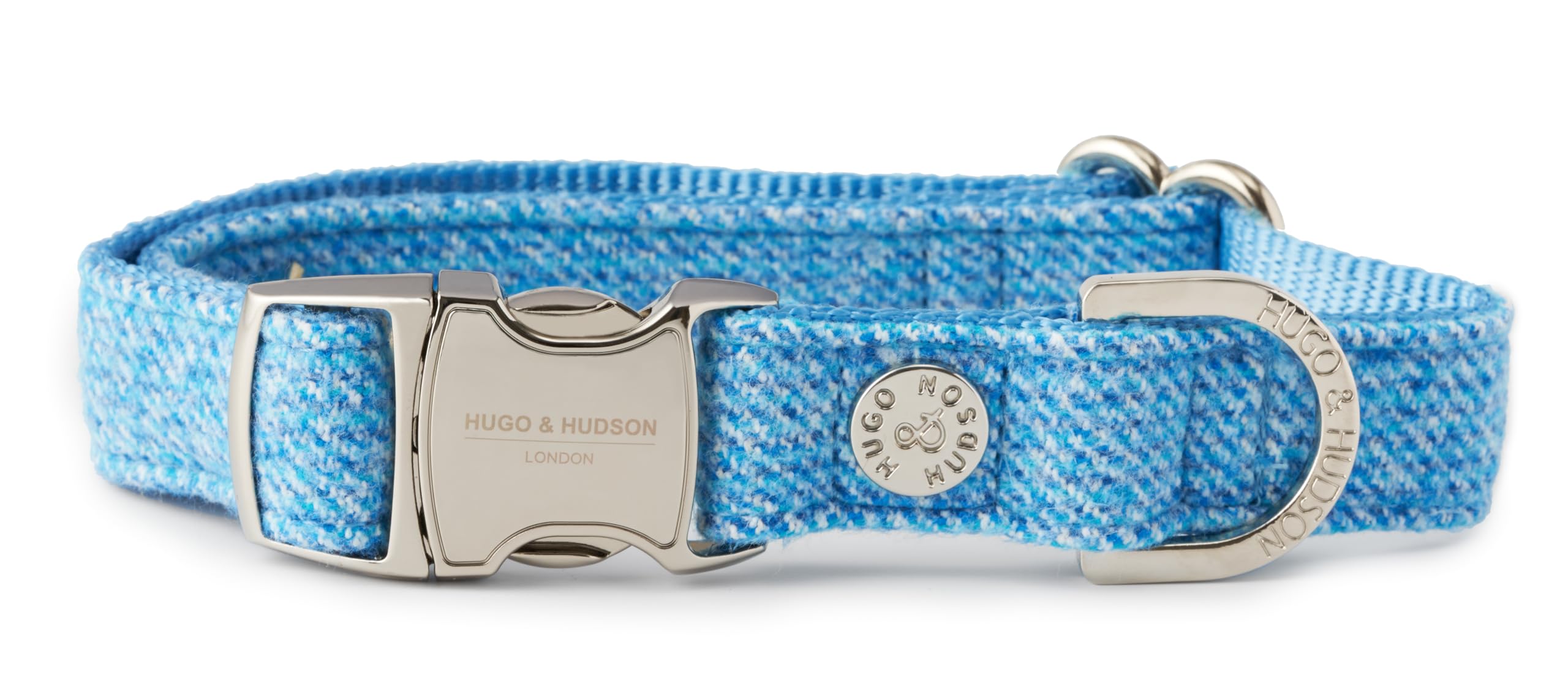 HUGO & HUDSON Tweed Dog Collar, Luxury Adjustable Quick Release Safety Metal Buckle, Blue, XS