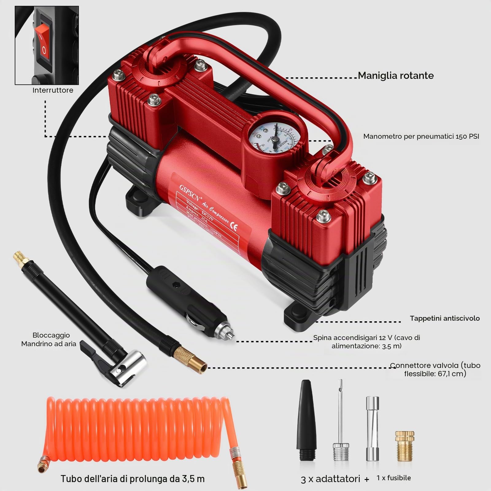 GSPSCN Rosso Compressore Aria Portatile ad Alta Resistenza a Doppio Cilindro, Gonfiatore Pneumatici in Metallo DC 12V, Pompa Elettrica da 150 PSI per Gonfiare Le auto, camion, SUV, Moto,palloni.